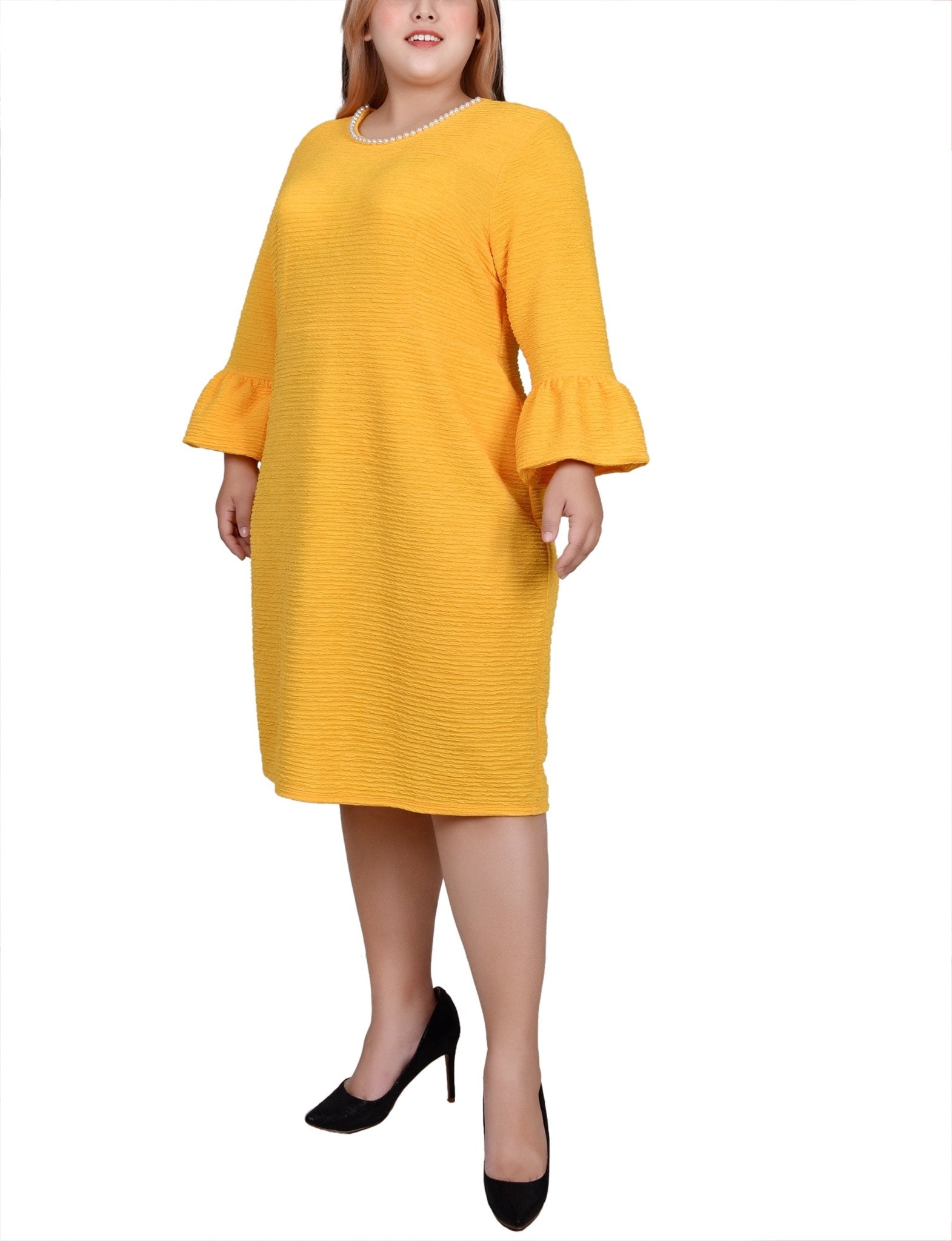 Lemon 3/4 Length Pearl Detail Dress - Plus - DressbarnKnee Length & Midi Dresses