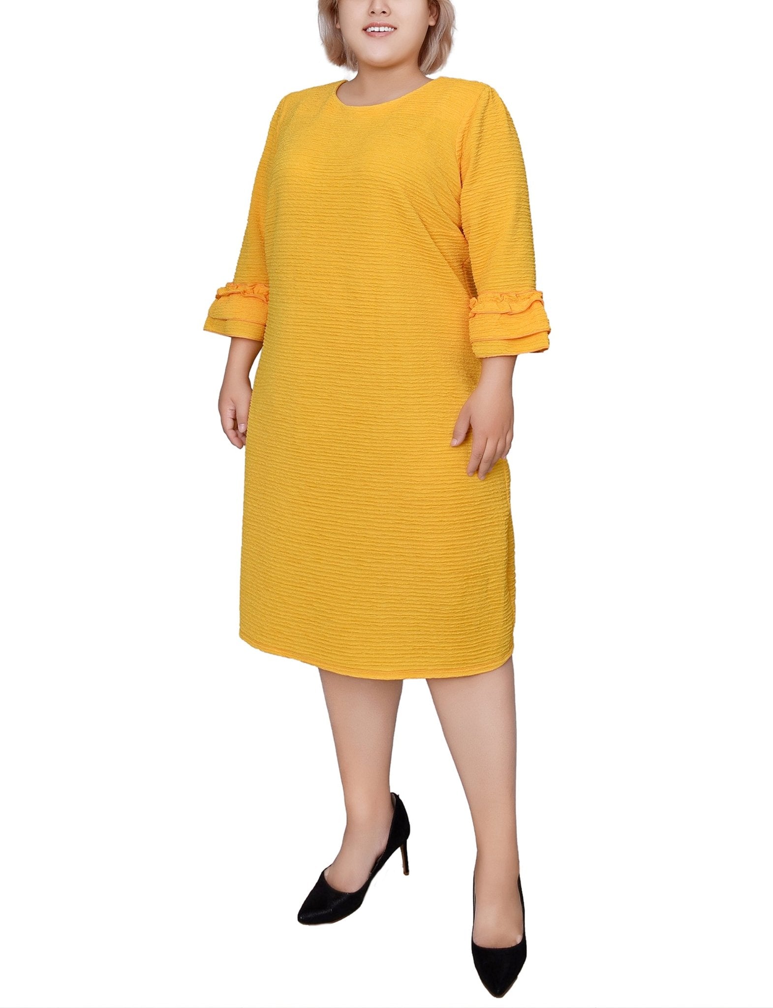 Lemon 3/4 Sleeve Textured Knit Dress - Plus Lemon 3/4 Sleeve Textured Knit Dress - Plus