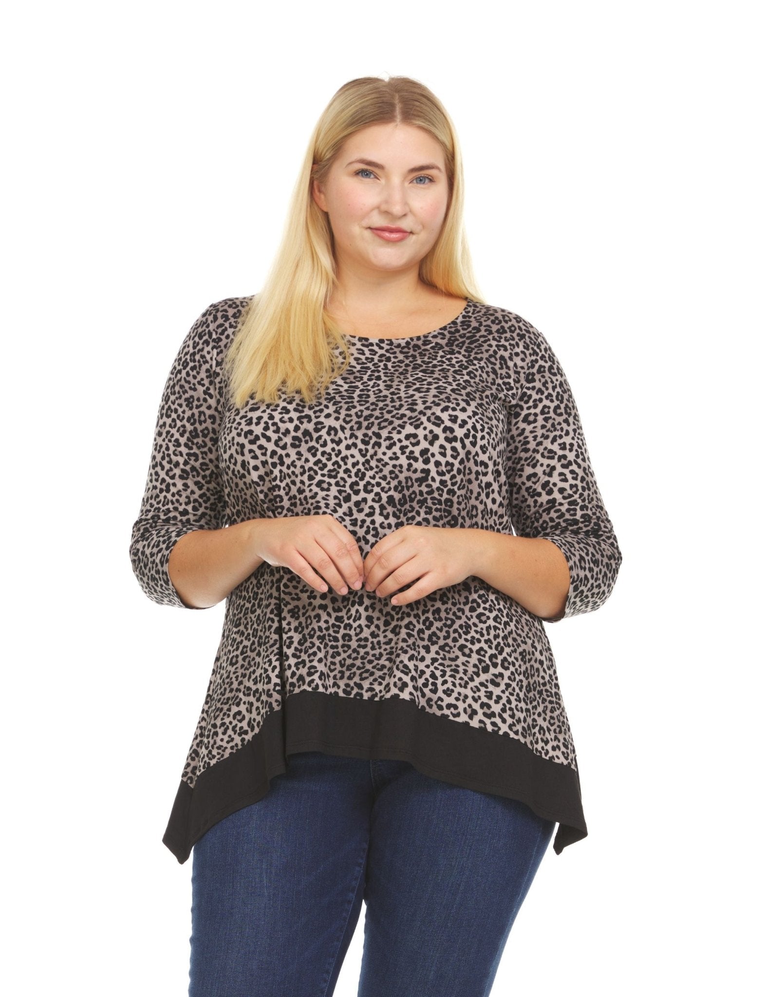 Leopard Print Tunic Top With Solid Color Handkerchief Bottom - Plus - DressbarnShirts & Blouses