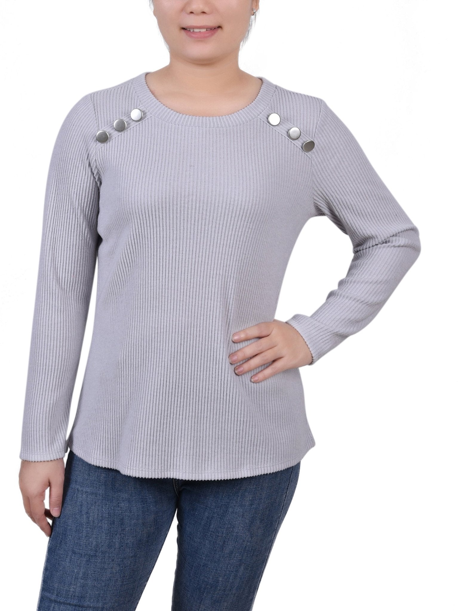 Light Charcoal Long Sleeve Ribbed Button Detail Top - Petite - DressbarnBlouses