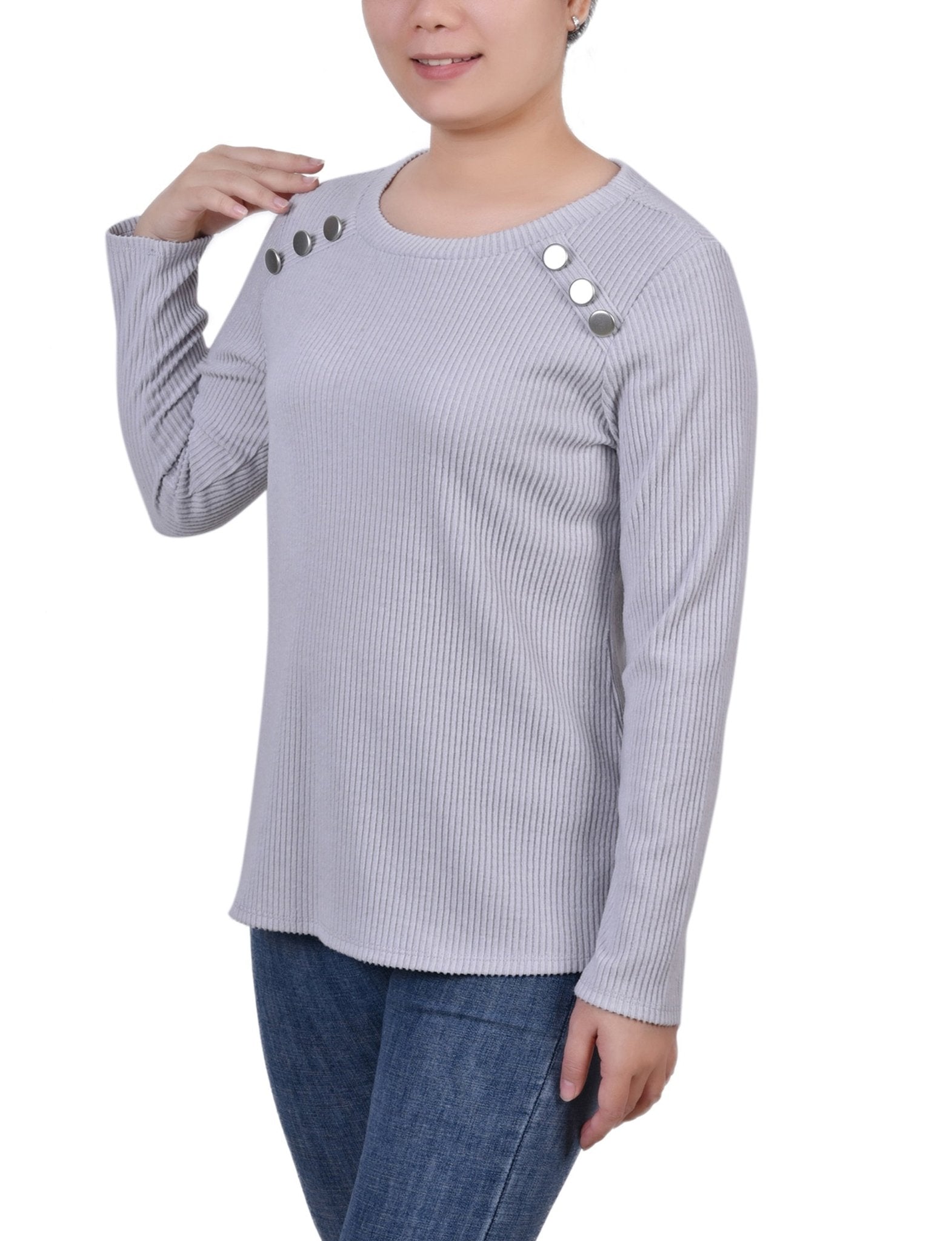 Light Charcoal Long Sleeve Ribbed Button Detail Top - Petite - DressbarnBlouses