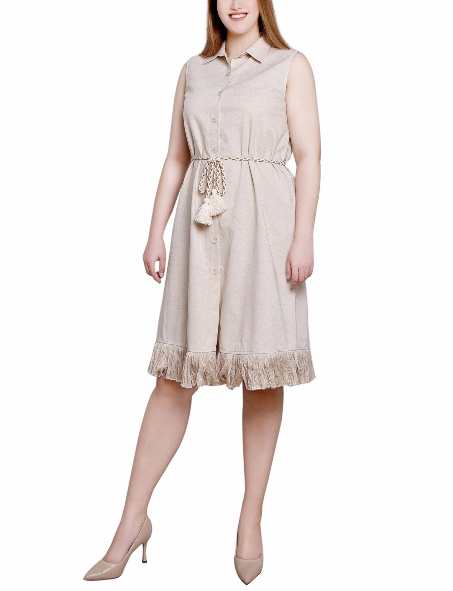 Light Tan Sleeveless Belted Fringed Dress - DressbarnKnee Length & Midi Dresses