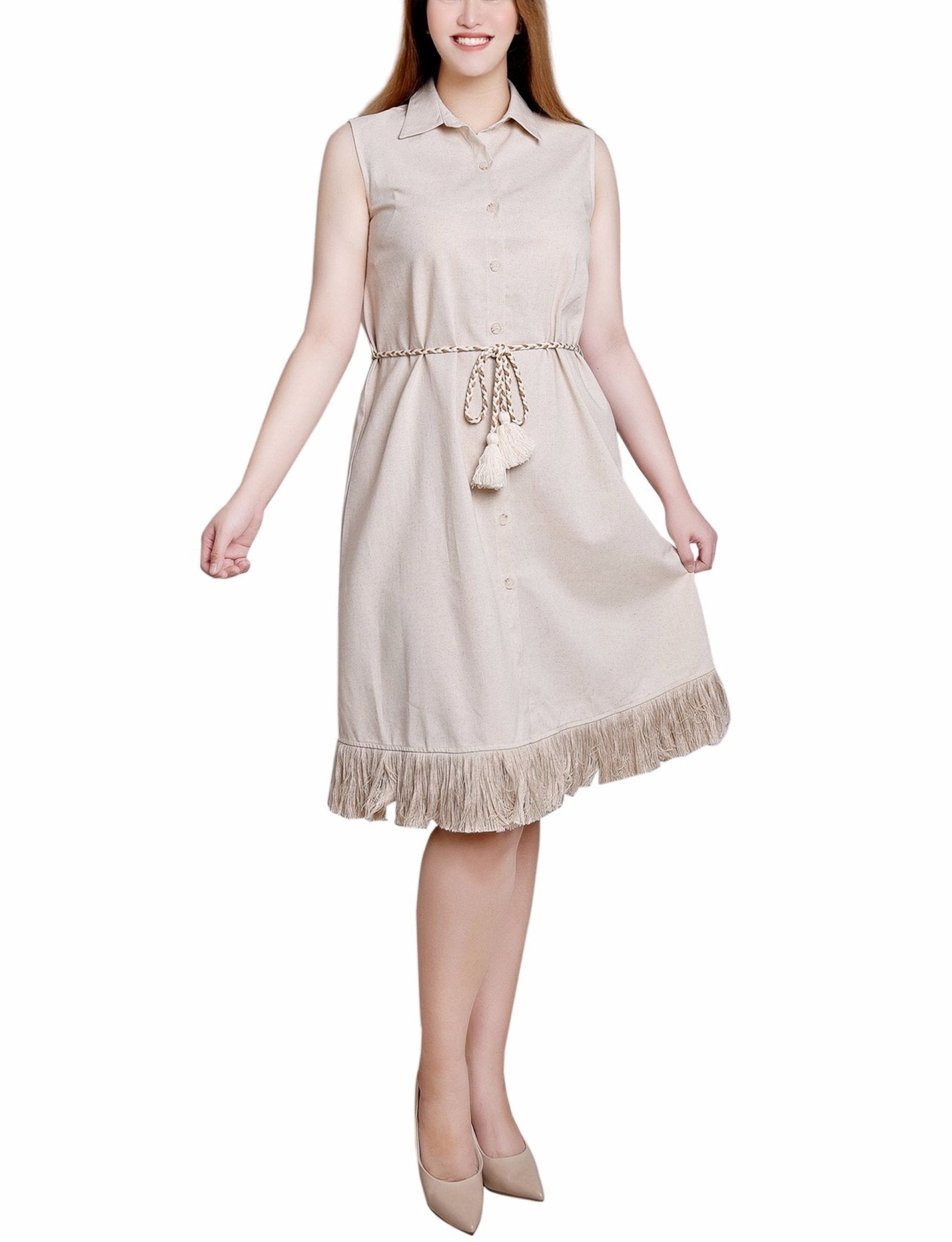Light Tan Sleeveless Belted Fringed Dress - DressbarnKnee Length & Midi Dresses