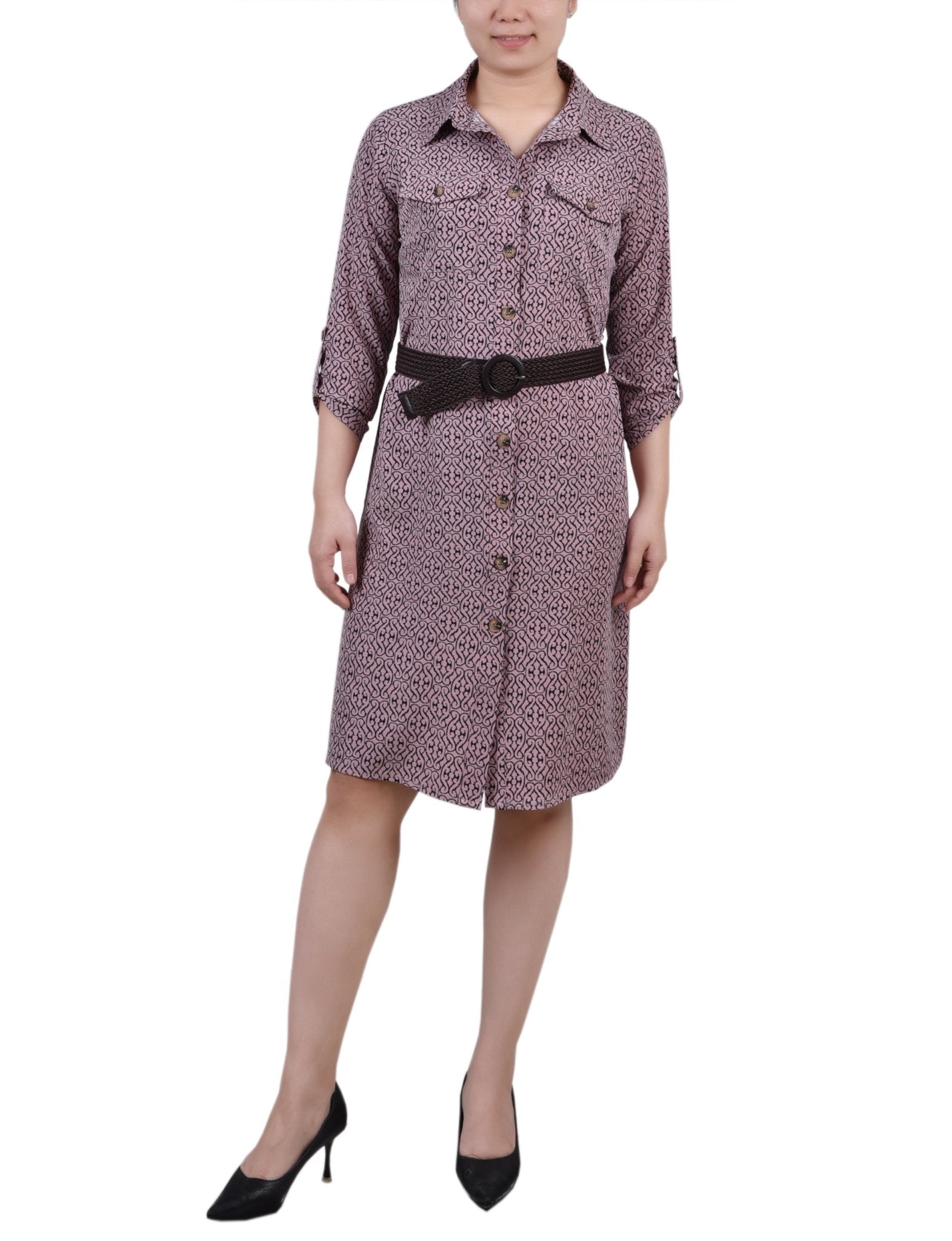 Lilas Black Swirl 3/4 Roll Tab Sleeve Shirtdress - Petite - DressbarnKnee Length & Midi Dresses