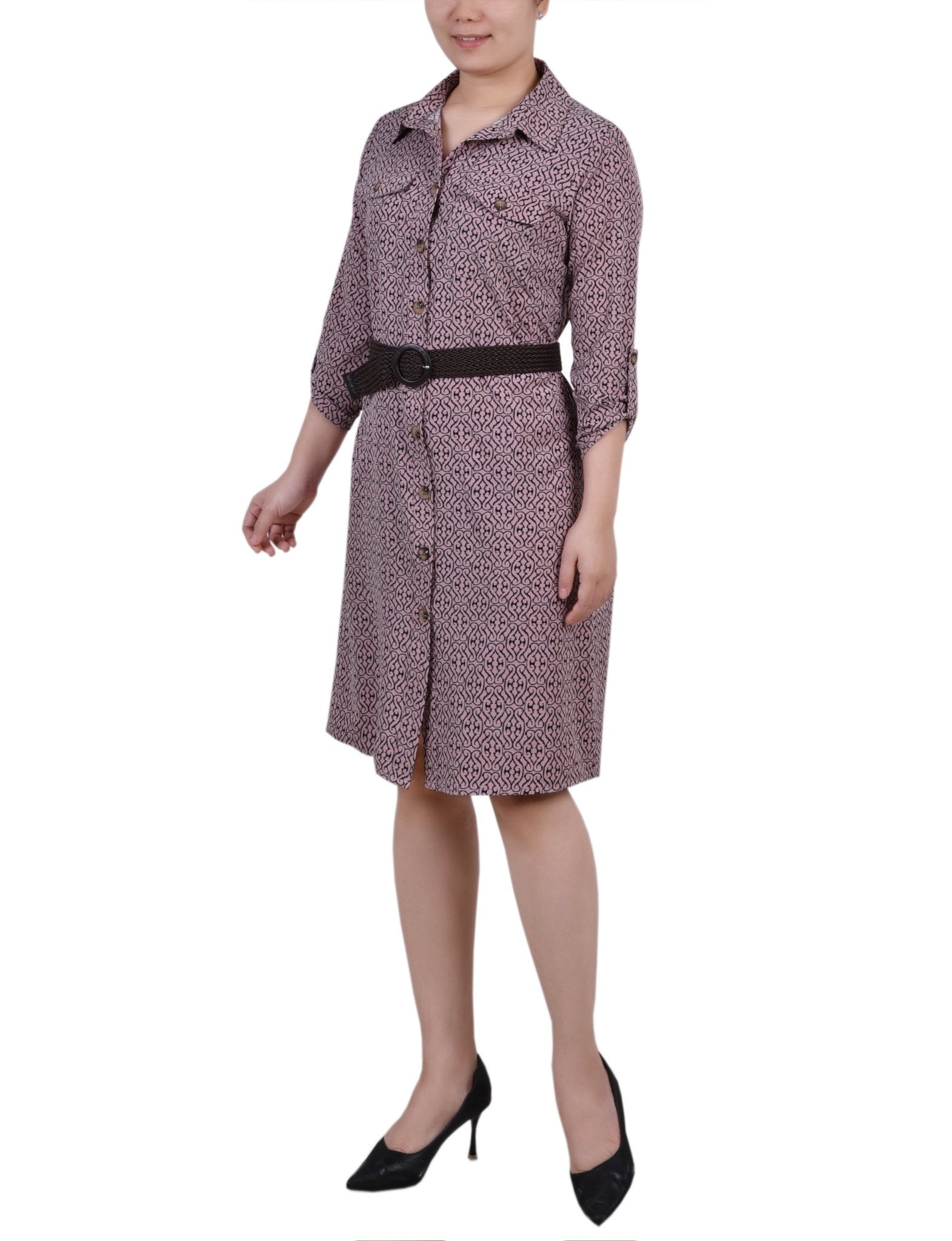 Lilas Black Swirl 3/4 Roll Tab Sleeve Shirtdress - Petite - DressbarnKnee Length & Midi Dresses