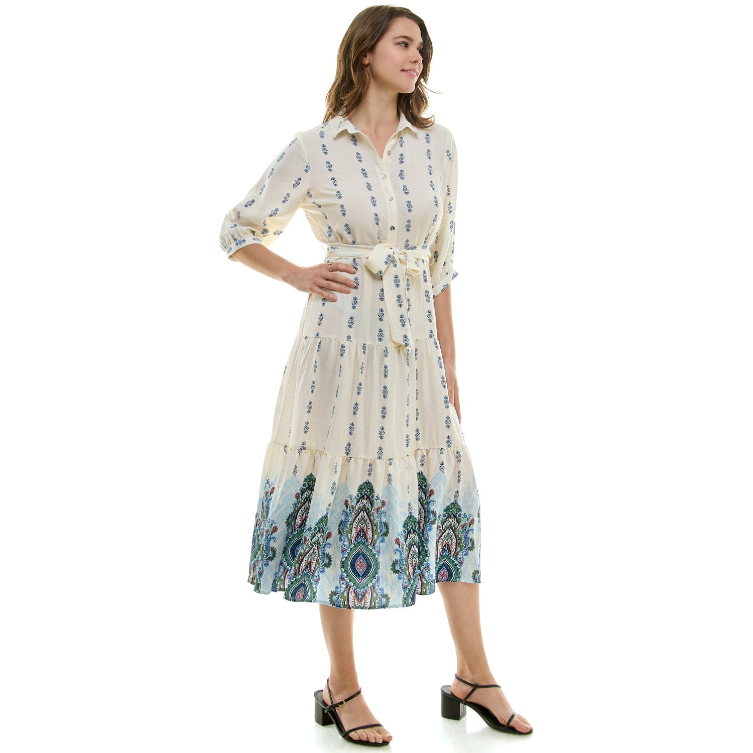 Long Sleeve Button Front Collared Midi Dress With Tied Waist Long Sleeve Button Front Collared Midi Dress With Tied Waist