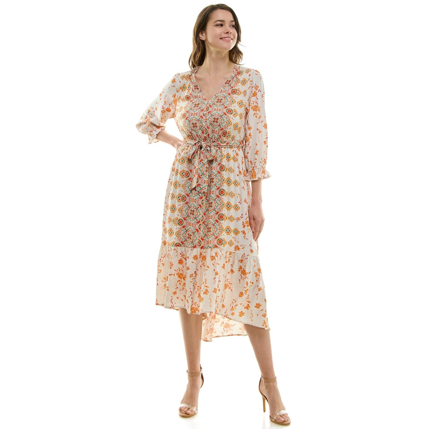 midi dress buttoned fron neck Long Sleeve Button Front V-Neck Printed Midi Dress – Dressbarn