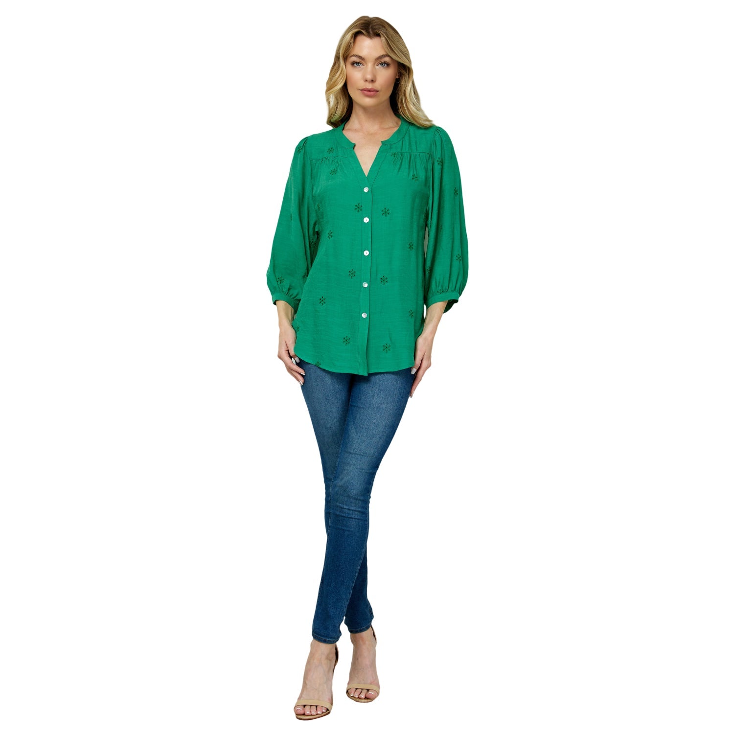 Long Sleeve Button Front Yoke Neck Top - DressbarnShirts & Blouses