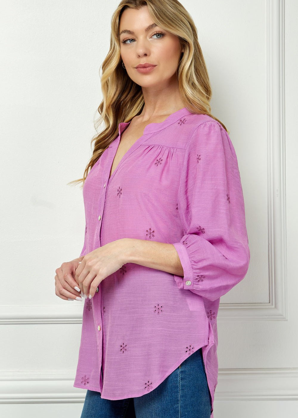 Long Sleeve Button Front Yoke Neck Top - DressbarnShirts & Blouses