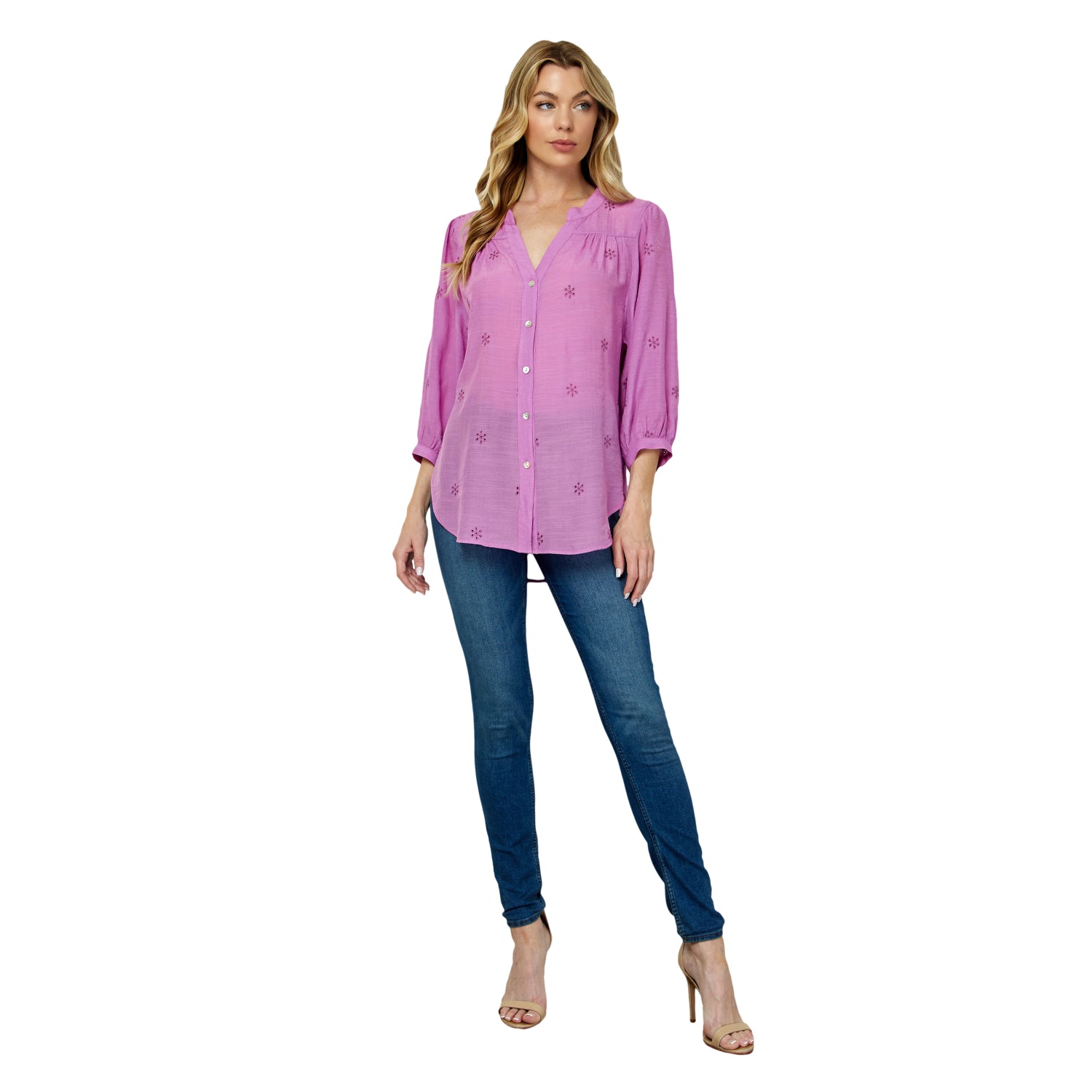 Long Sleeve Button Front Yoke Neck Top - DressbarnShirts & Blouses