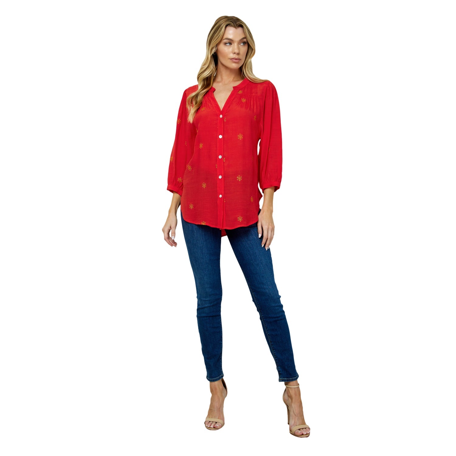 Long Sleeve Button Front Yoke Neck Top - DressbarnShirts & Blouses