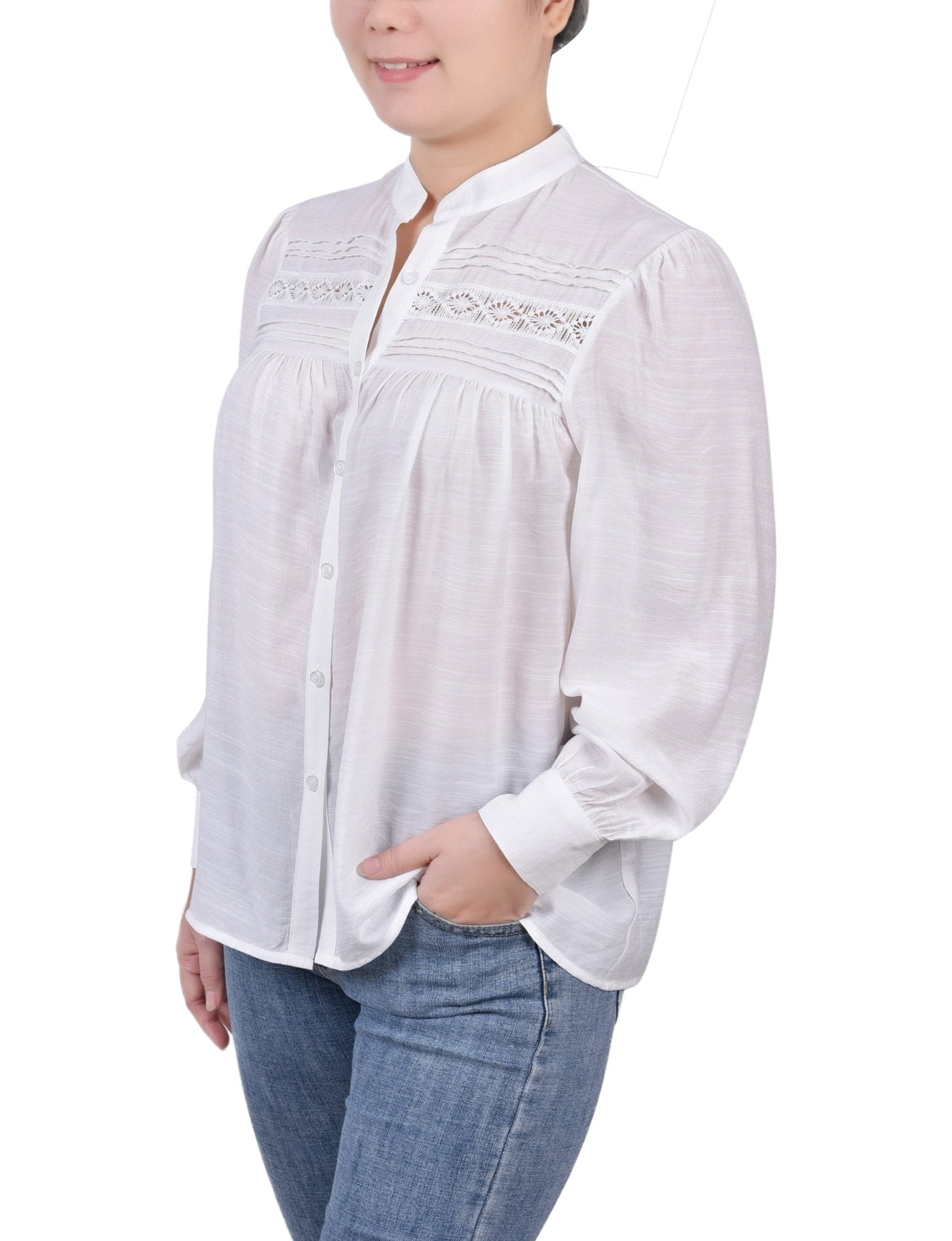 Long Sleeve Crochet Blouse - Petite - DressbarnShirts & Blouses