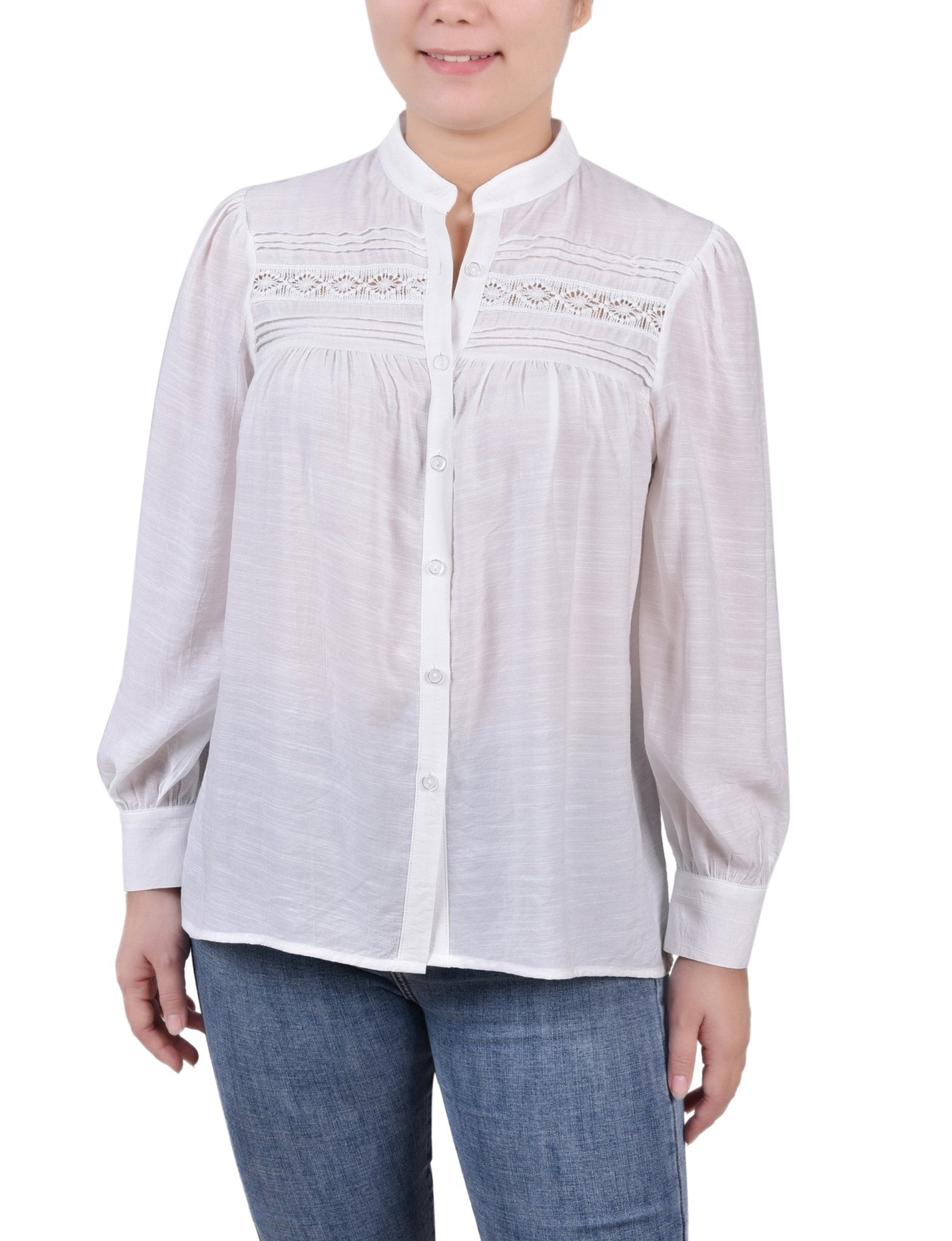 Long Sleeve Crochet Blouse - Petite - DressbarnShirts & Blouses