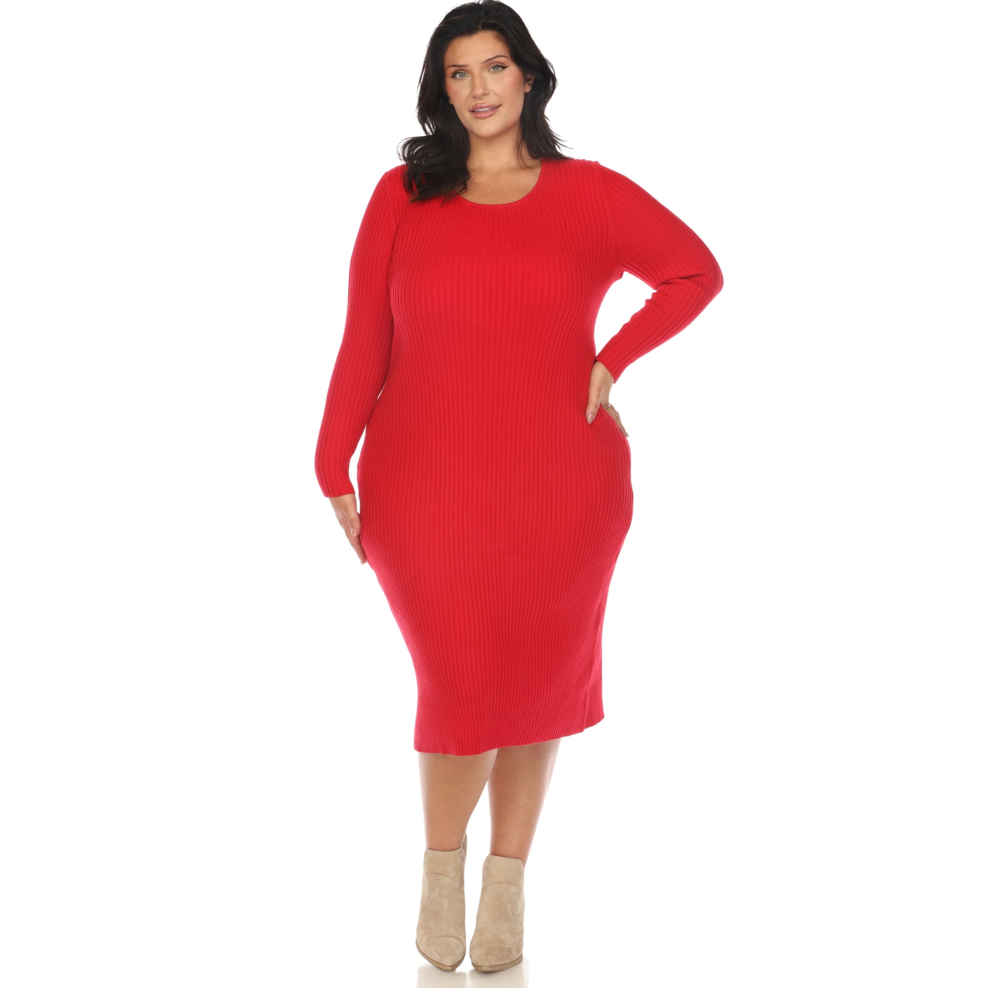 Long Sleeve Rib Midi Sweater Dress - Plus - DressbarnKnee Length & Midi Dresses