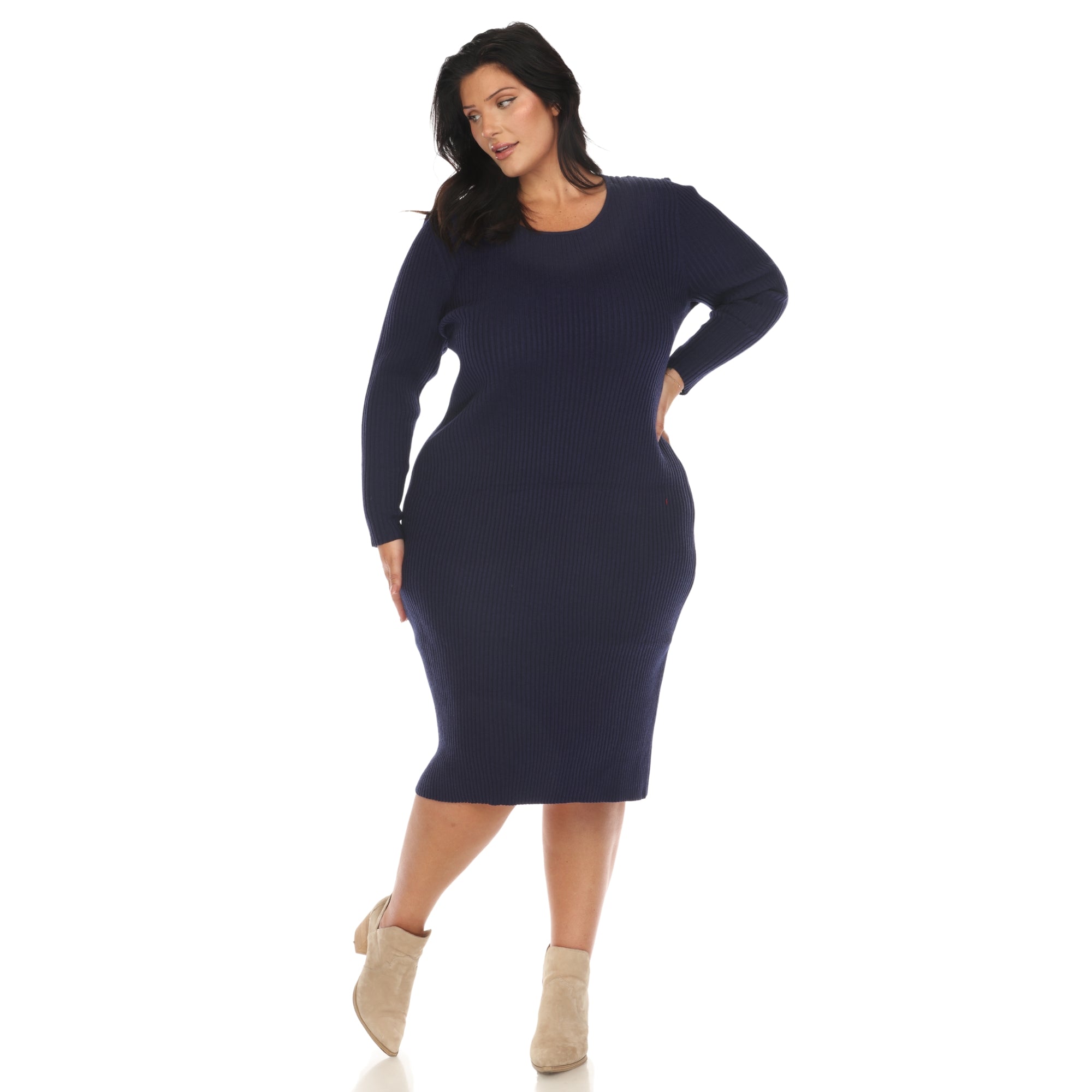 Long Sleeve Rib Midi Sweater Dress - Plus - DressbarnKnee Length & Midi Dresses