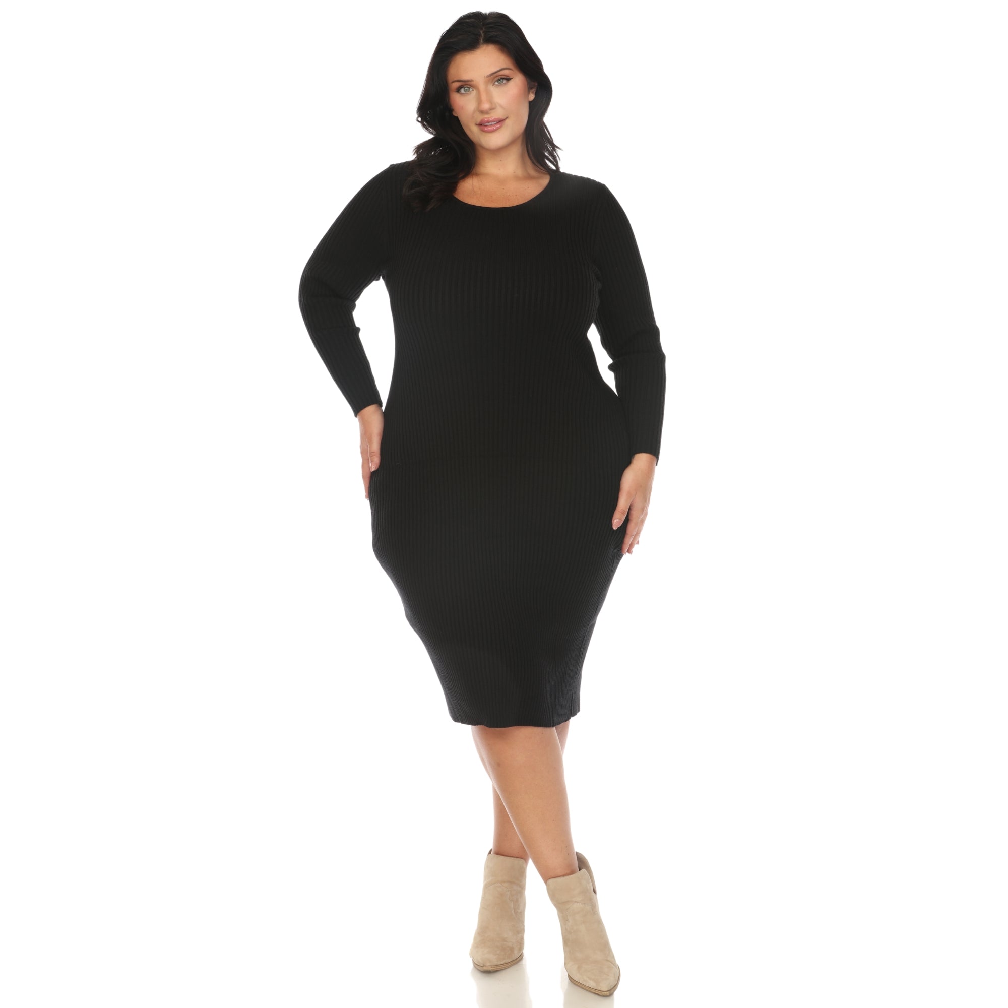 Long Sleeve Rib Midi Sweater Dress - Plus - DressbarnKnee Length & Midi Dresses