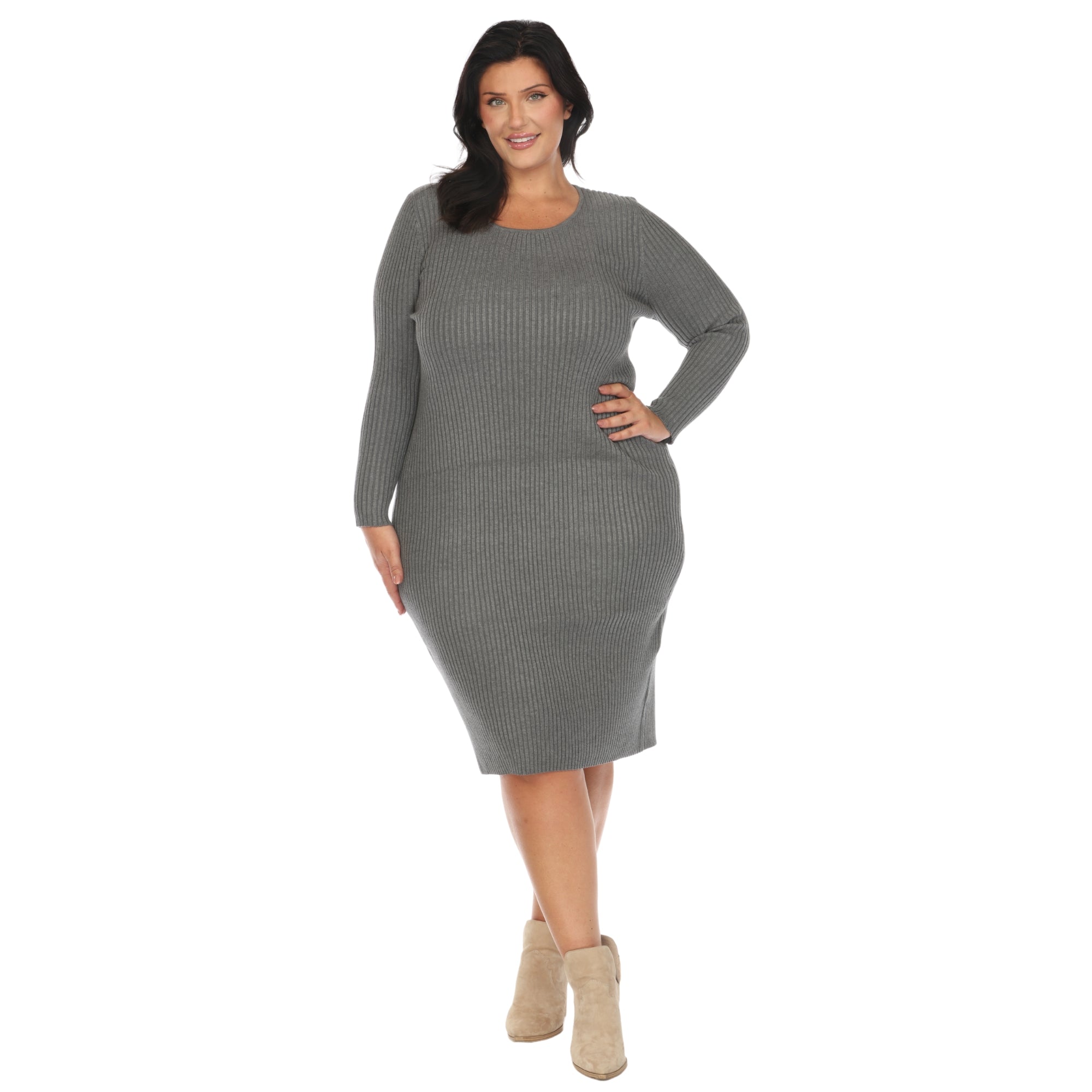 Long Sleeve Rib Midi Sweater Dress - Plus - DressbarnKnee Length & Midi Dresses
