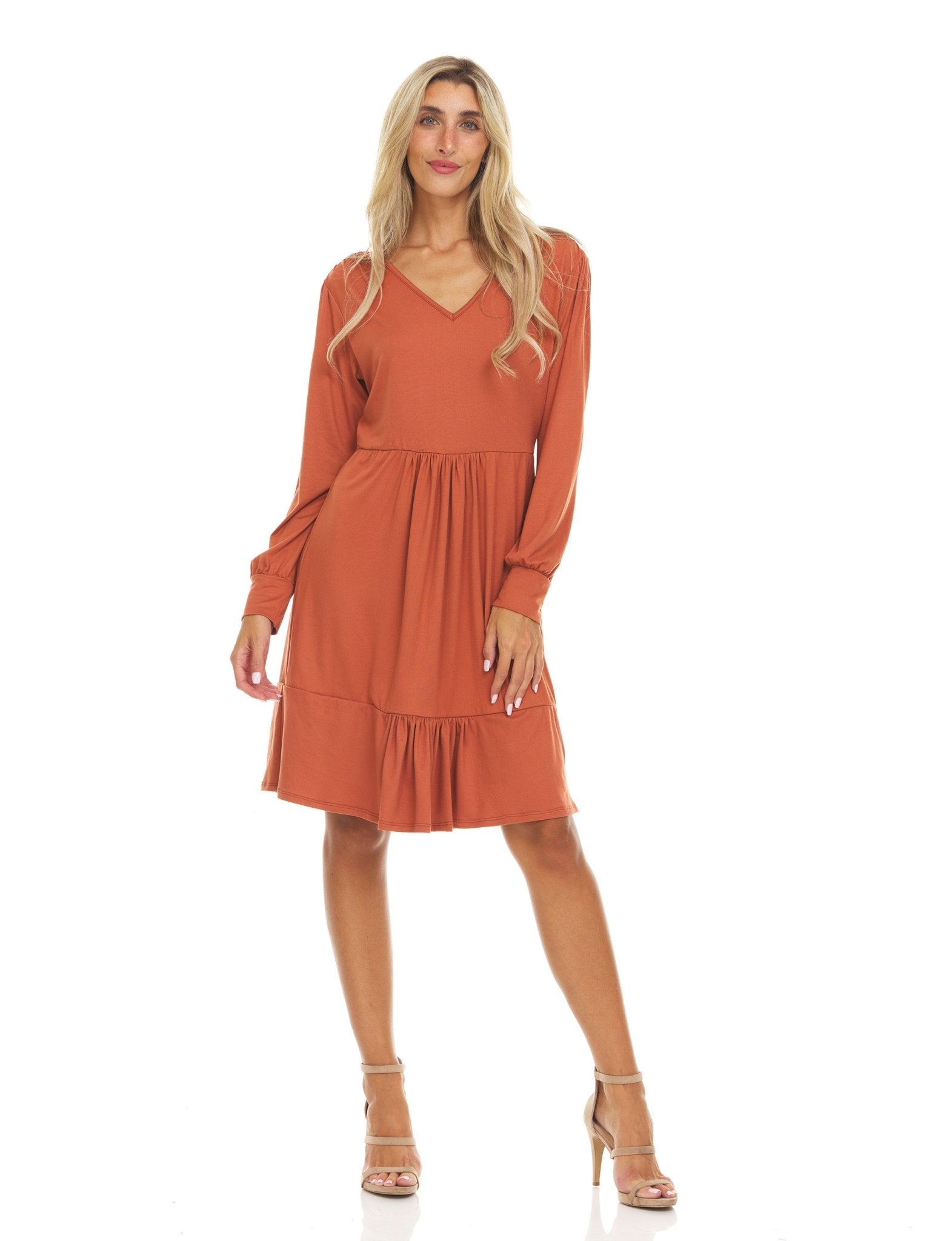 Long Sleeve Solid Color V-Neck Multi Tiered Midi Dress - DressbarnDresses