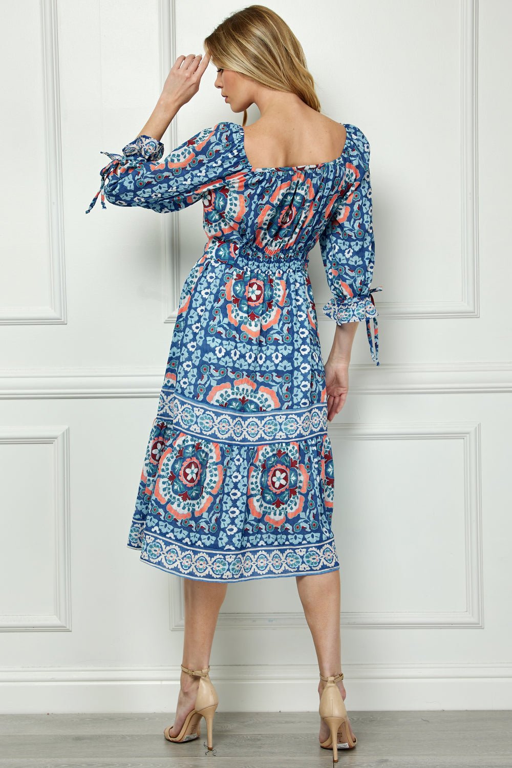 Long Sleeve Square Neck Printed Midi Dress - DressbarnDresses