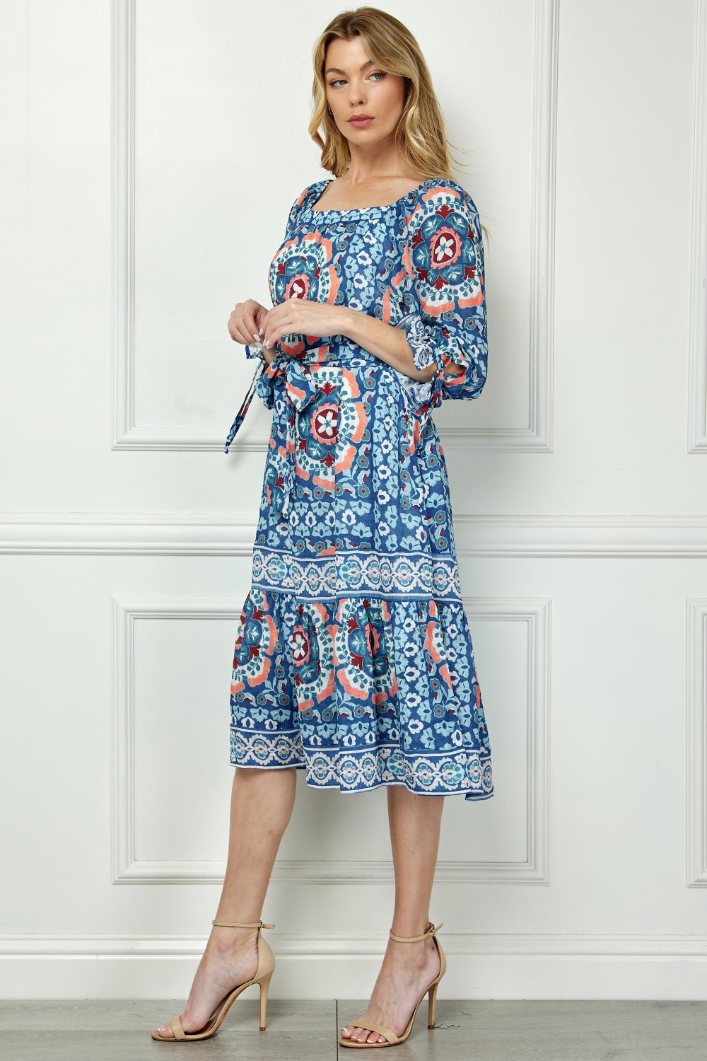 Long Sleeve Square Neck Printed Midi Dress - DressbarnDresses