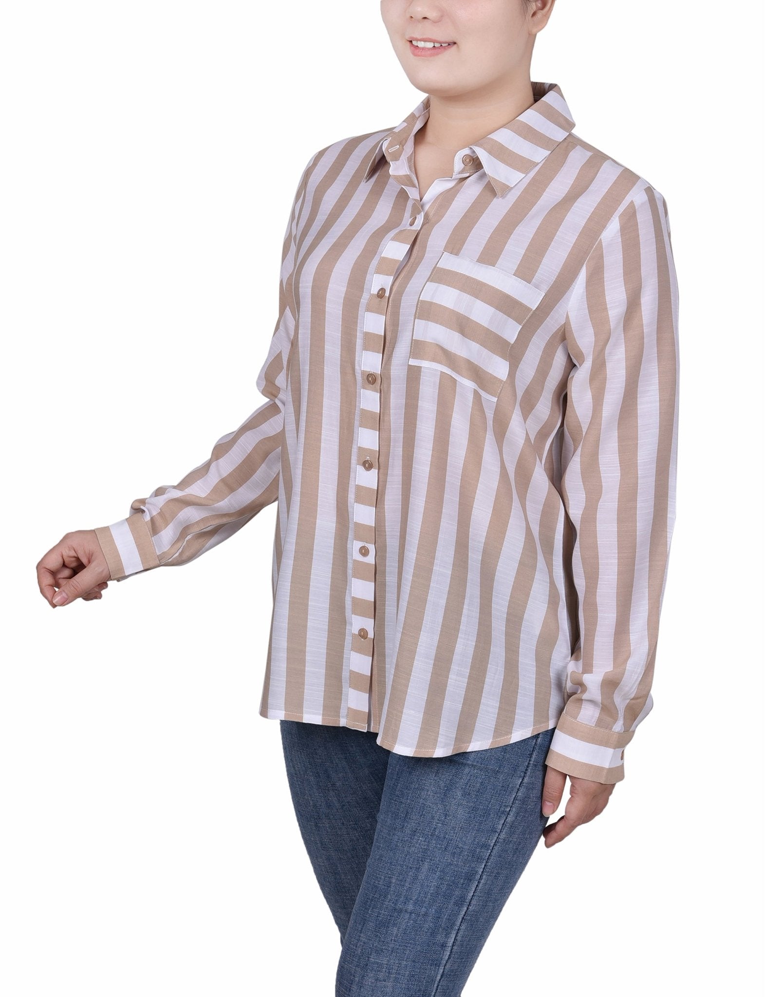 Long Sleeve Striped Blouse - Petite - DressbarnShirts & Blouses