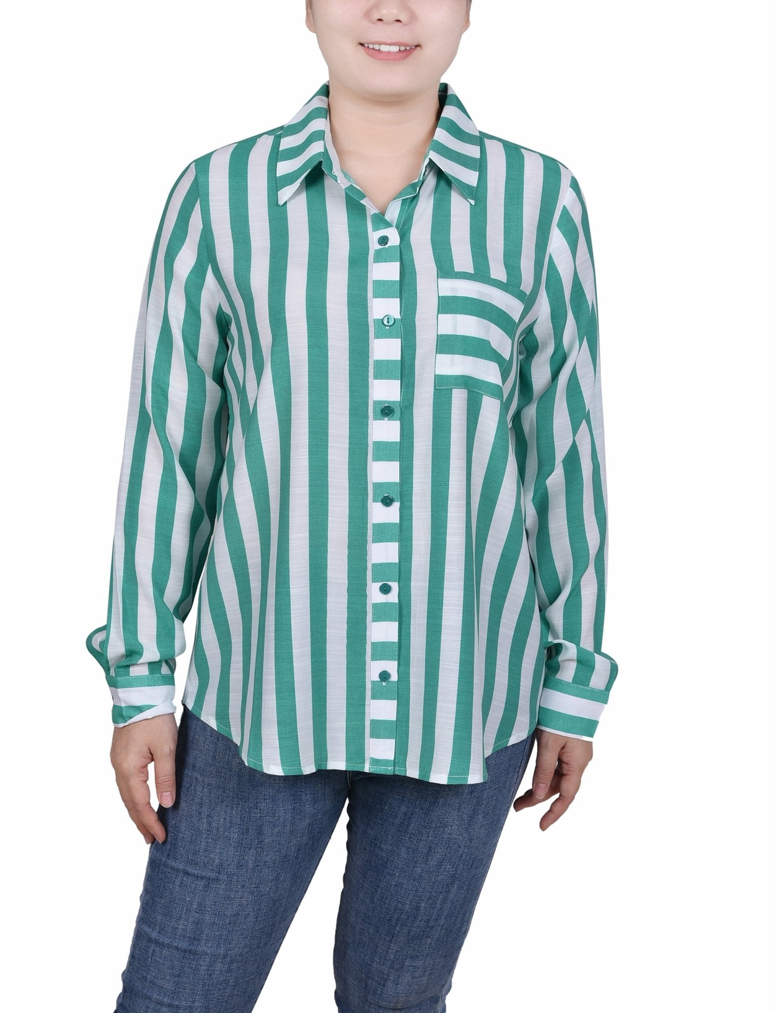 Long Sleeve Striped Blouse - Petite - DressbarnShirts & Blouses