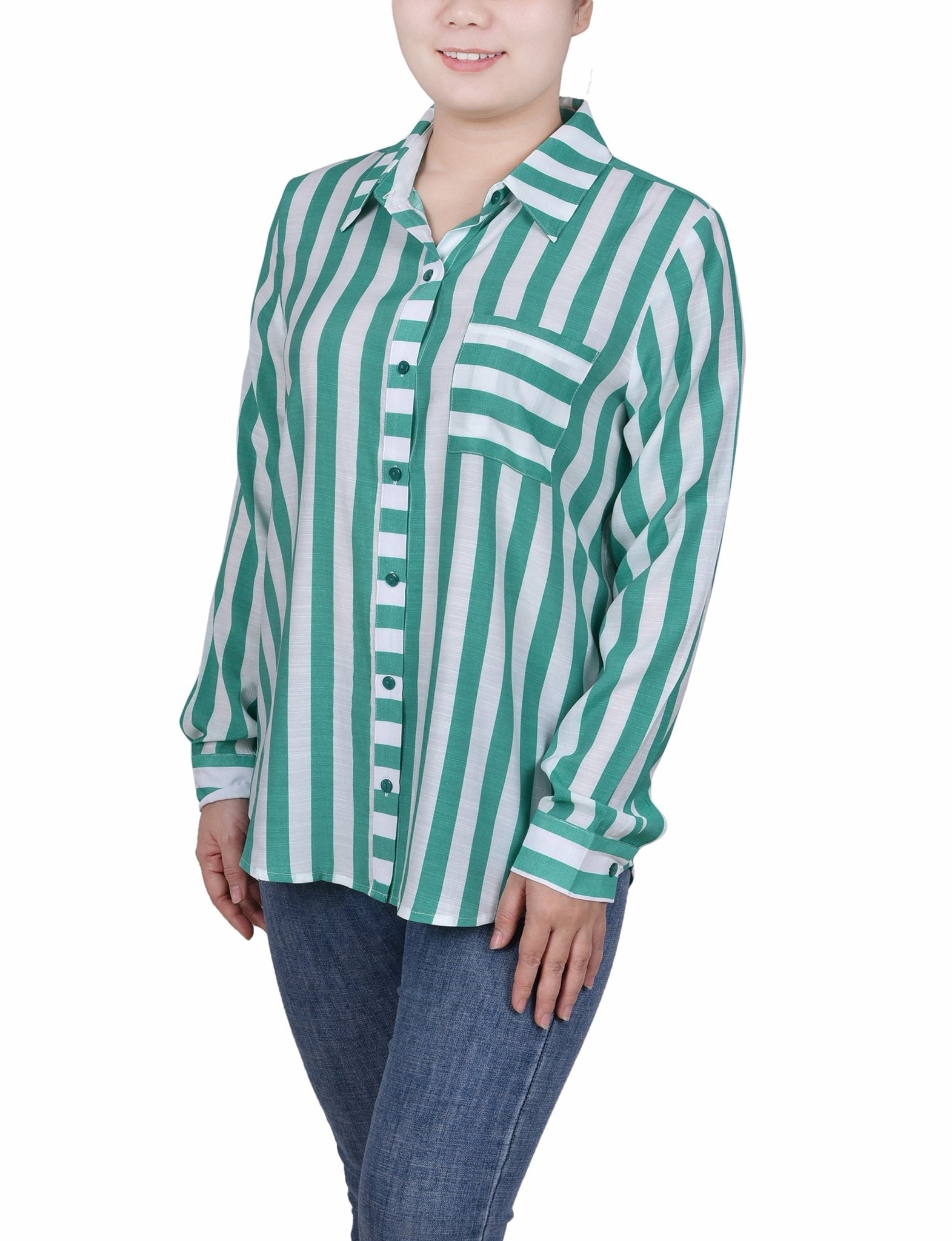 Long Sleeve Striped Blouse - Petite - DressbarnShirts & Blouses