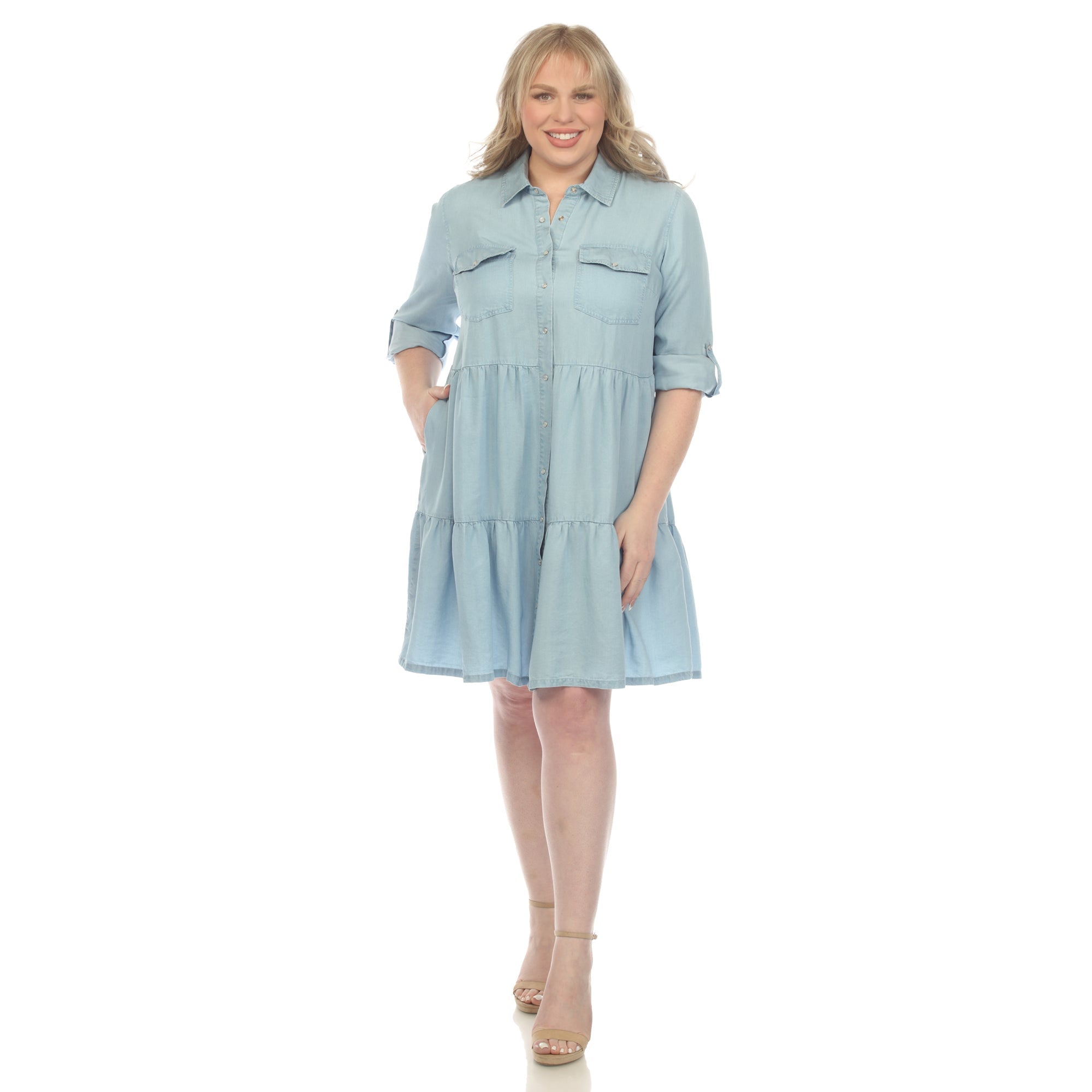 Long Sleeve Tiered Midi Shirt Dress - Plus - DressbarnDresses