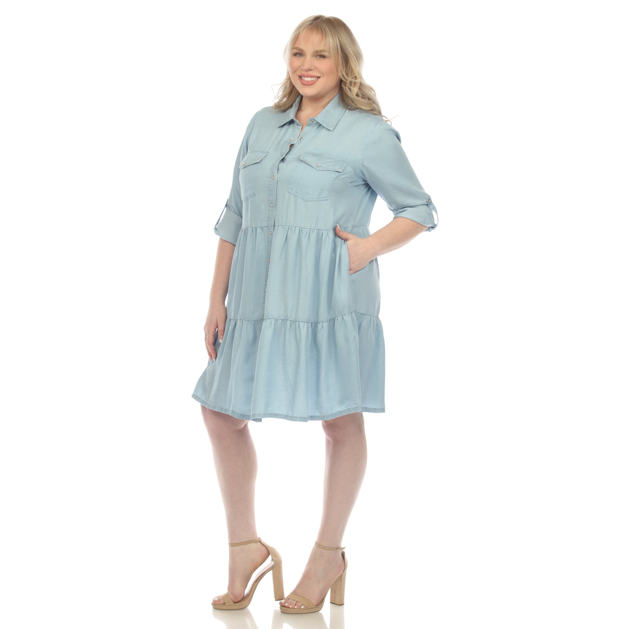 Long Sleeve Tiered Midi Shirt Dress