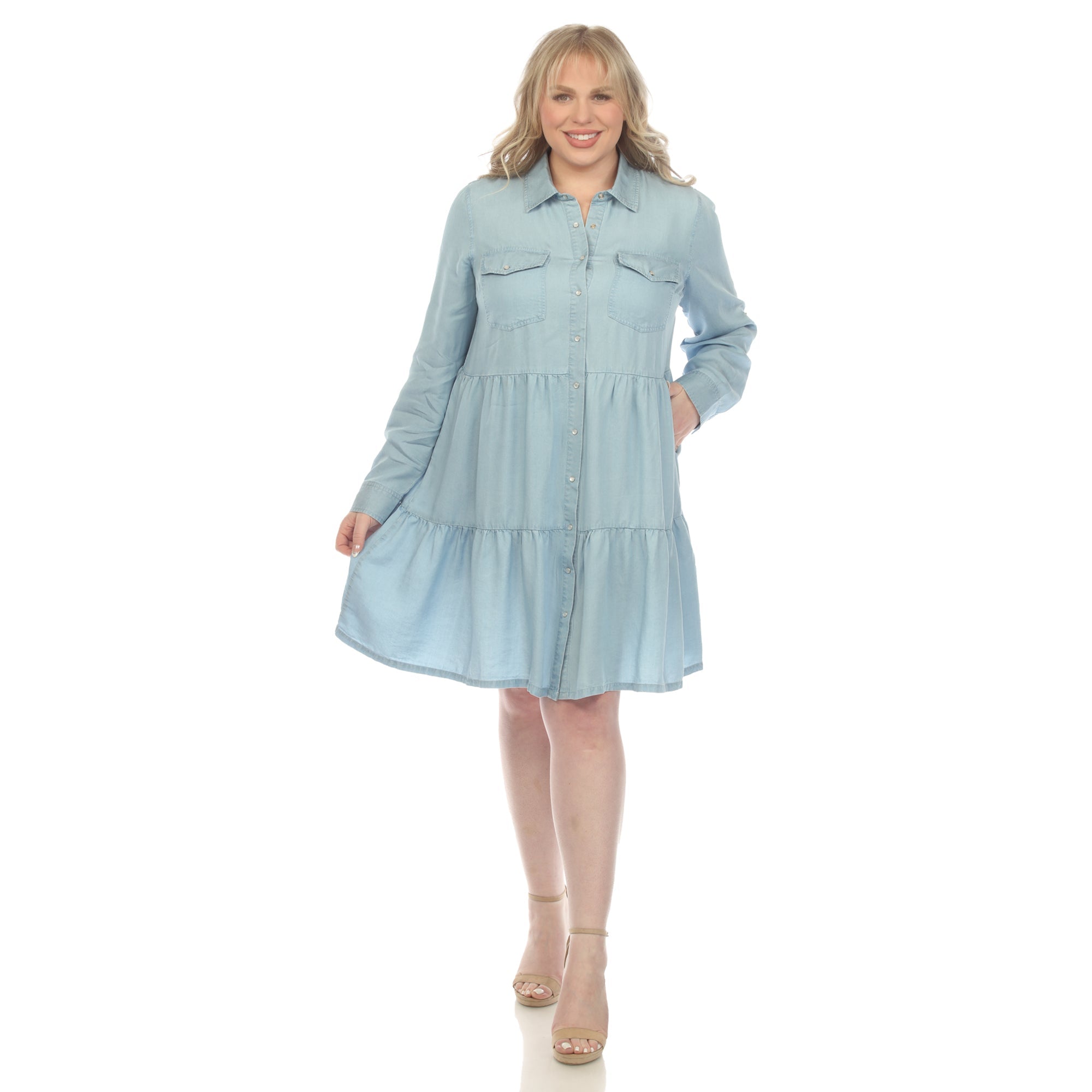 Long Sleeve Tiered Midi Shirt Dress - Plus Dressbarn Long Sleeve Tiered Midi Shirt Dress - Plus Dressbarn