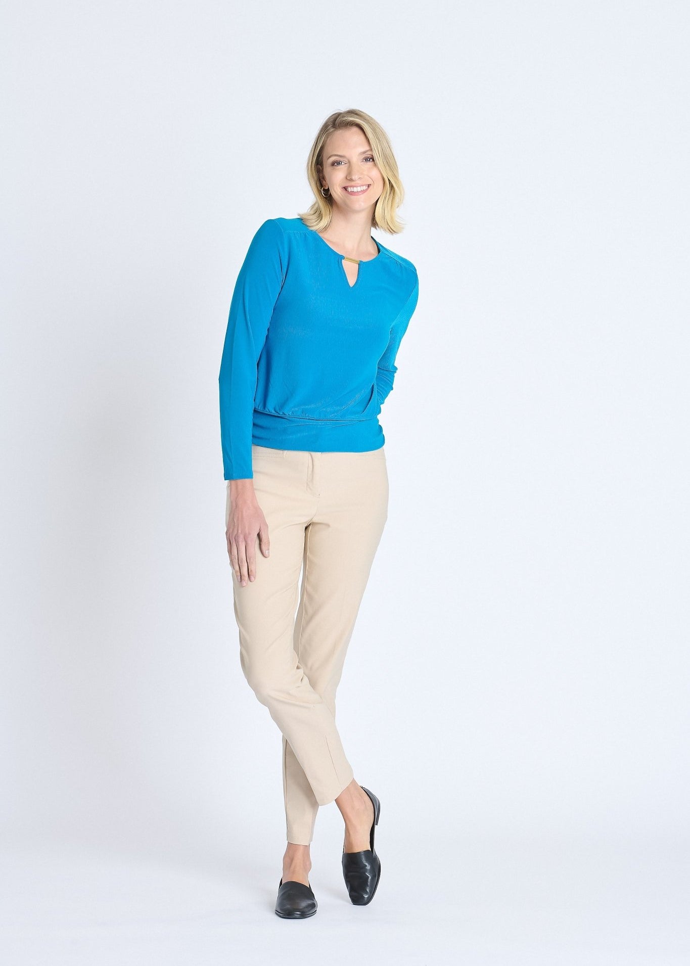 Long Sleeve V - Neck Bar Trim Banded Top, Mykonos Blue - DressbarnBlouses