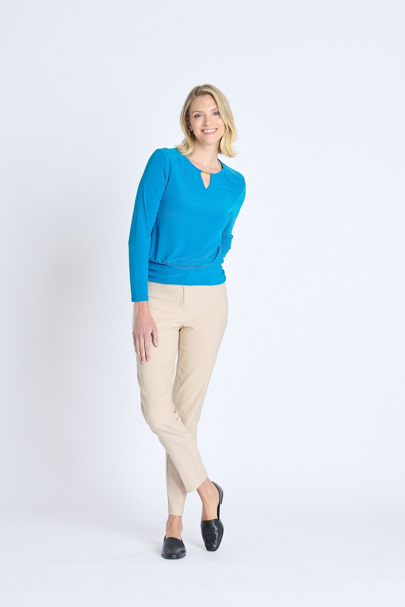 Long Sleeve V - Neck Bar Trim Banded Top, Mykonos Blue - DressbarnBlouses