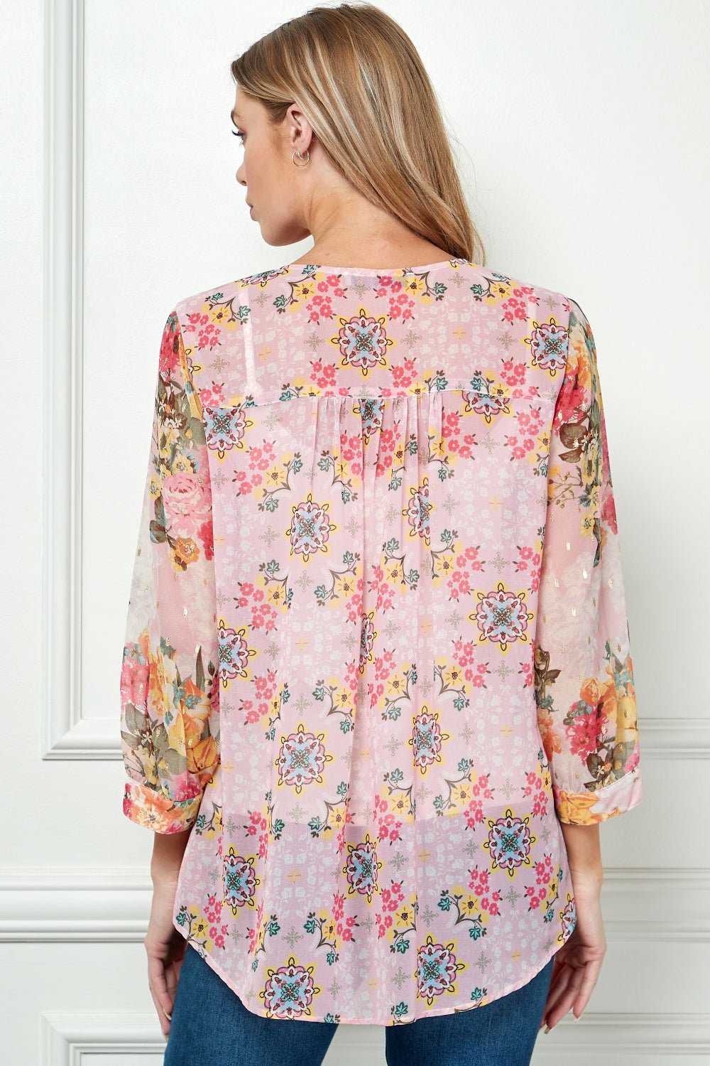 Long Sleeve V - Neck Printed Blouse - DressbarnShirts & Blouses