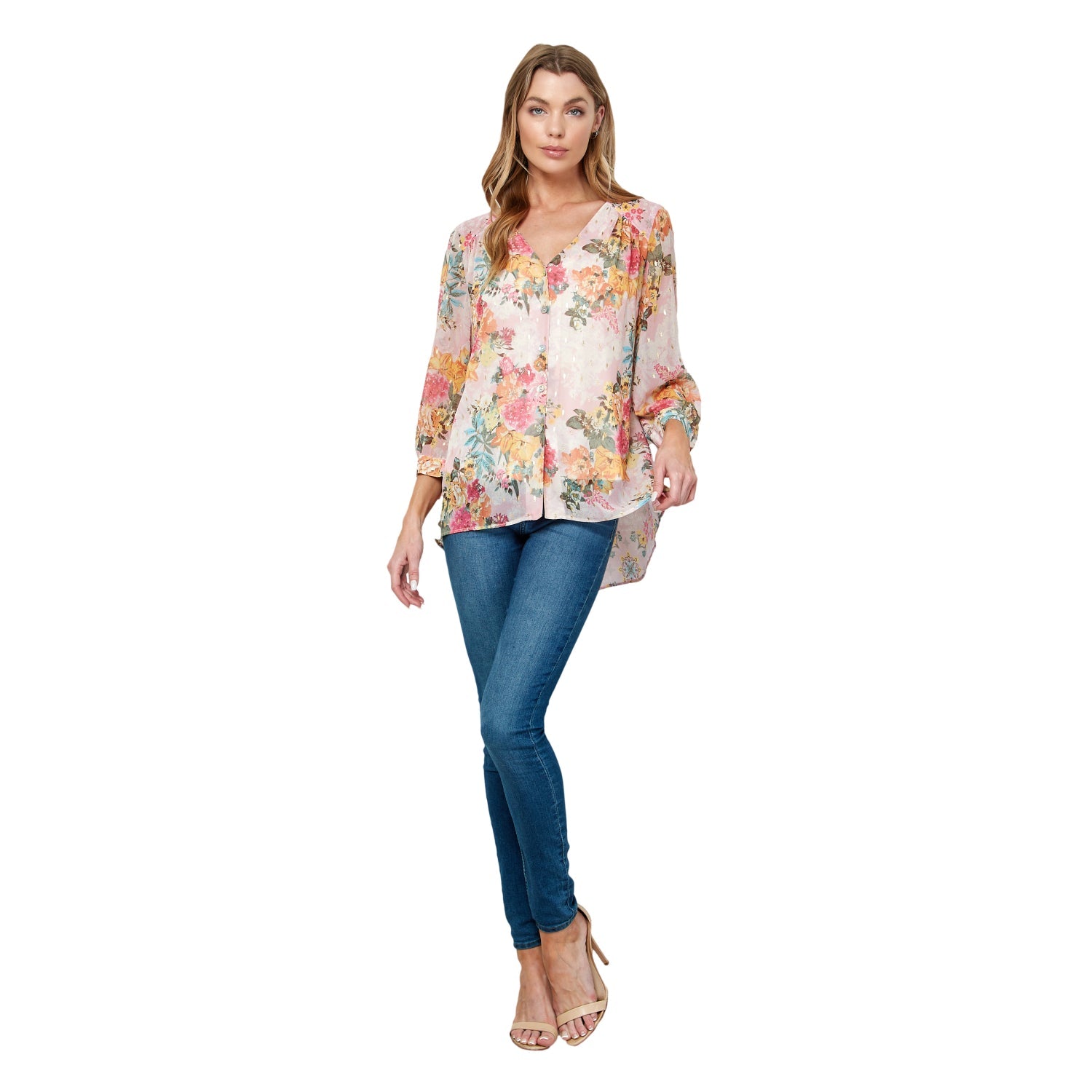 Long Sleeve V - Neck Printed Blouse - DressbarnShirts & Blouses