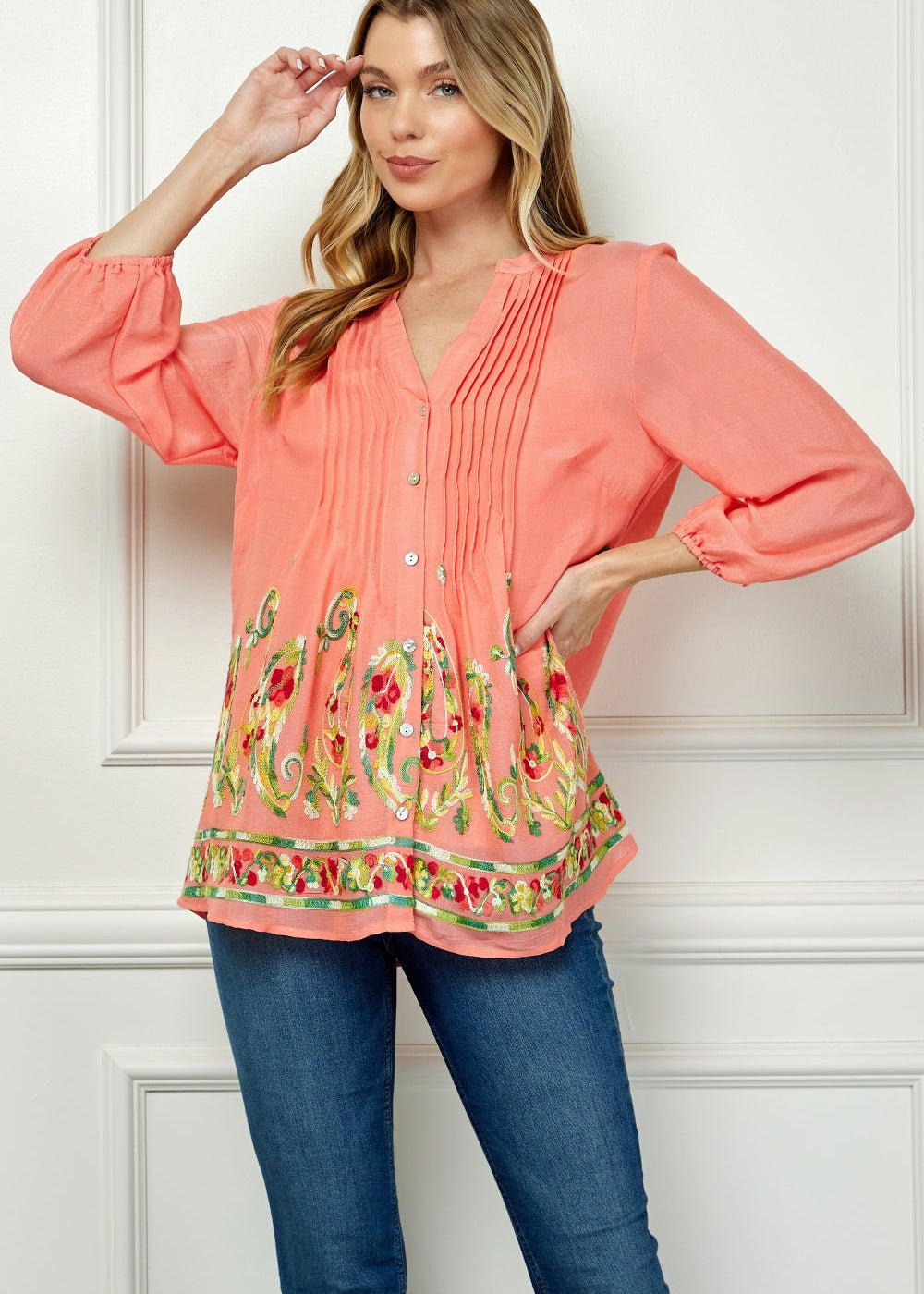 Long Sleeve Yolk Neck Top With Printed Border - DressbarnShirts & Blouses