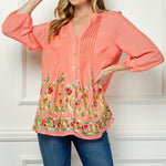 Long Sleeve Yolk Neck Top With Printed Border - DressbarnShirts & Blouses