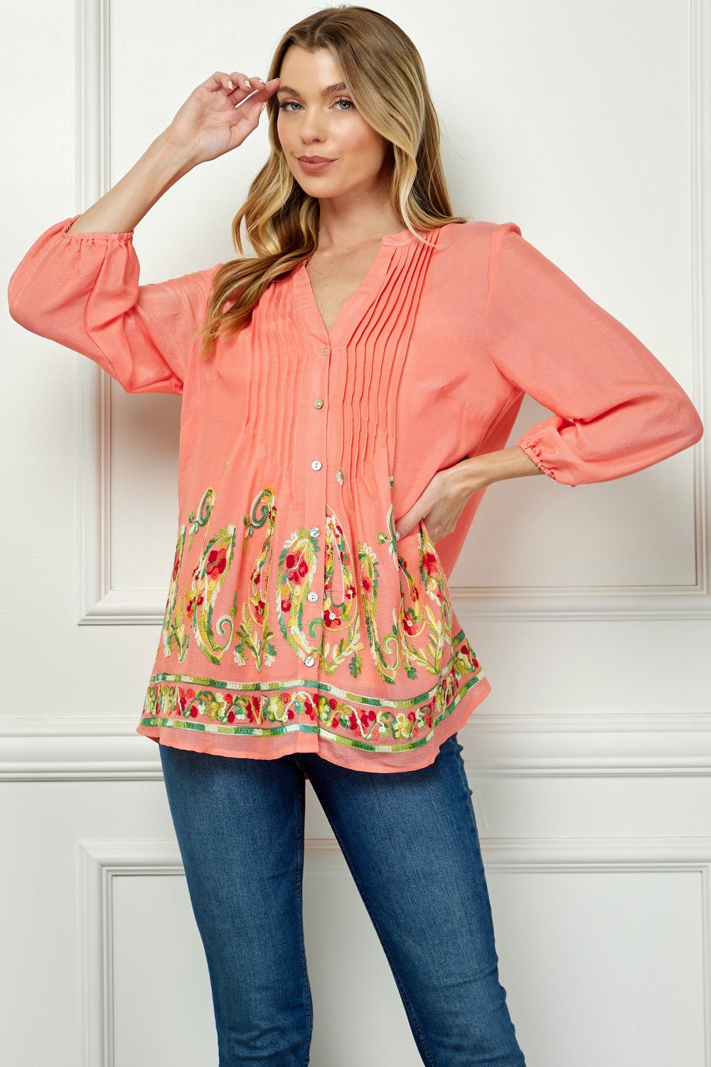 Long Sleeve Yolk Neck Top With Printed Border - DressbarnShirts & Blouses