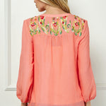 Long Sleeve Yolk Neck Top With Printed Border - DressbarnShirts & Blouses