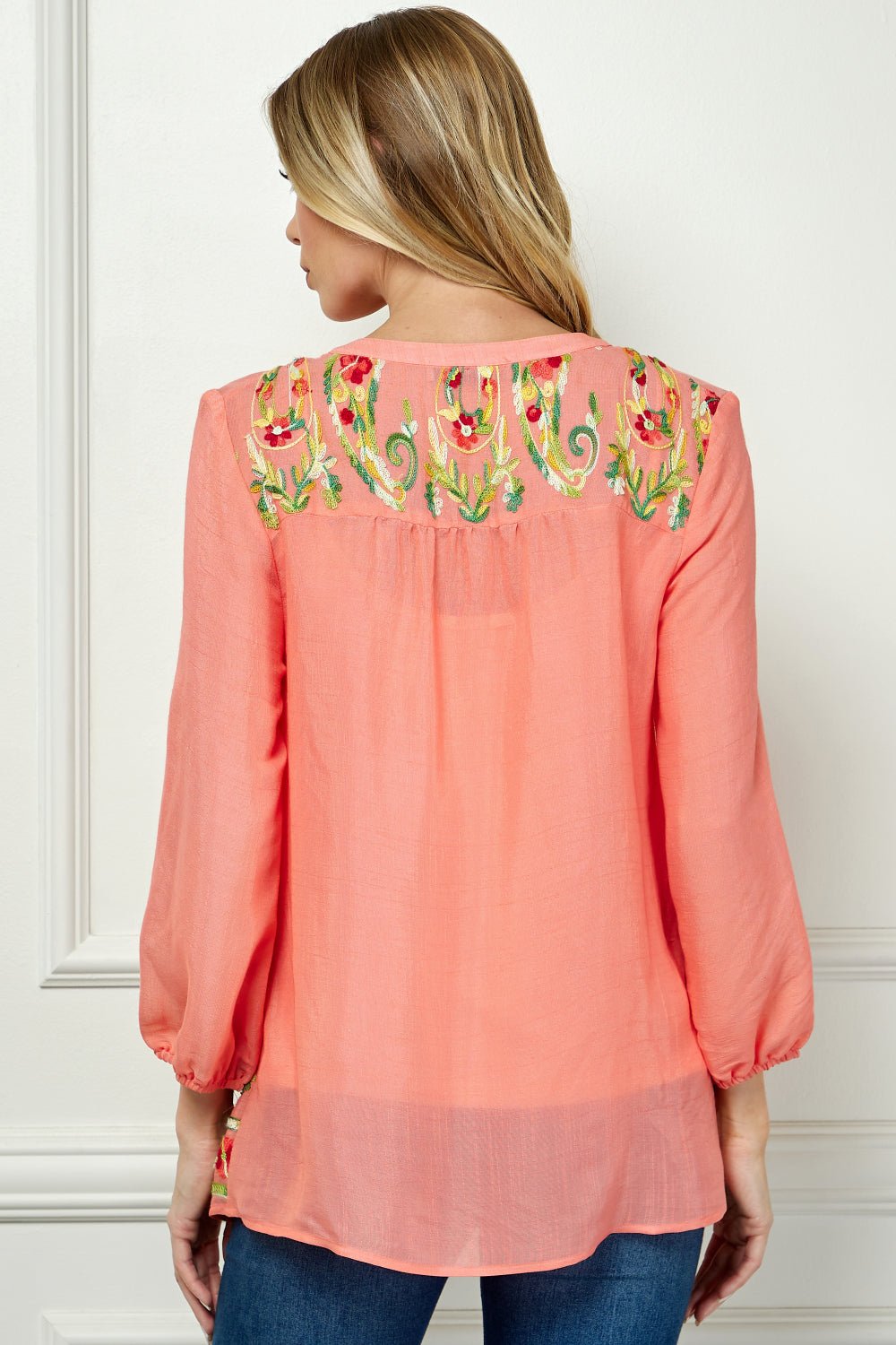 Long Sleeve Yolk Neck Top With Printed Border - DressbarnShirts & Blouses