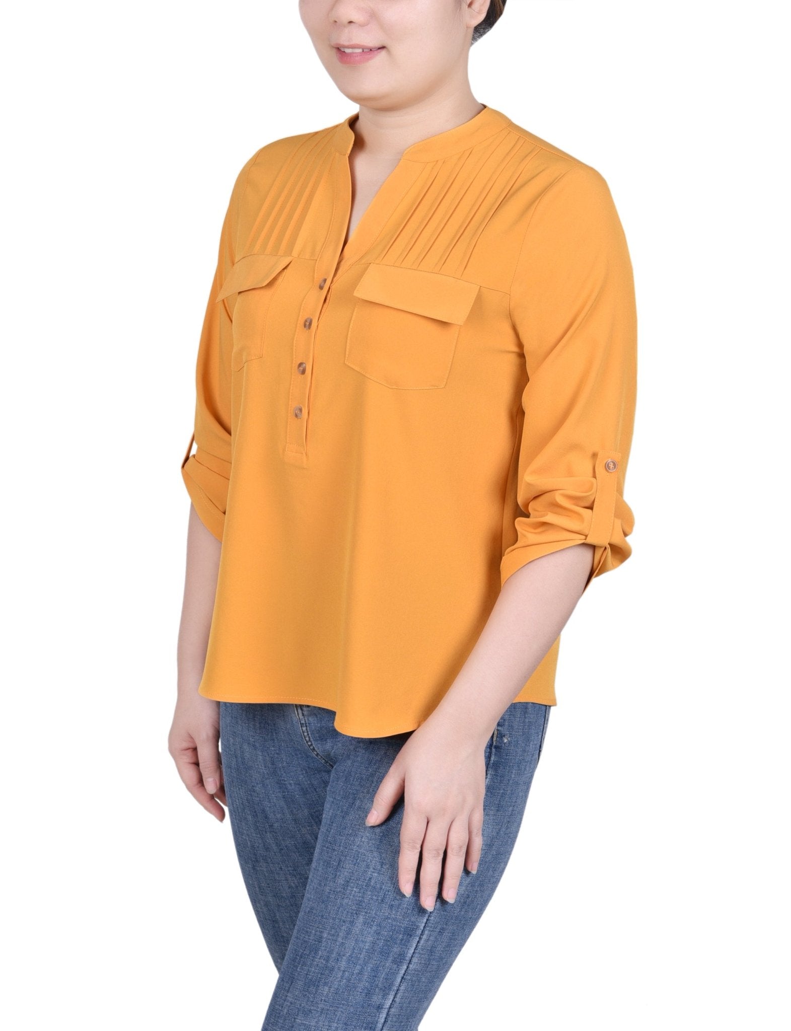 Long Tab-Sleeve Blouse With Pockets - Petite - DressbarnShirts & Blouses