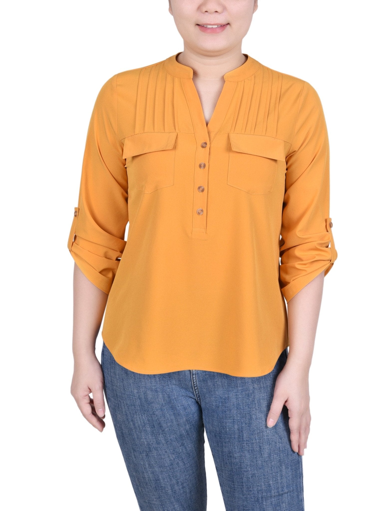 Long Tab-Sleeve Blouse With Pockets - Petite - DressbarnShirts & Blouses
