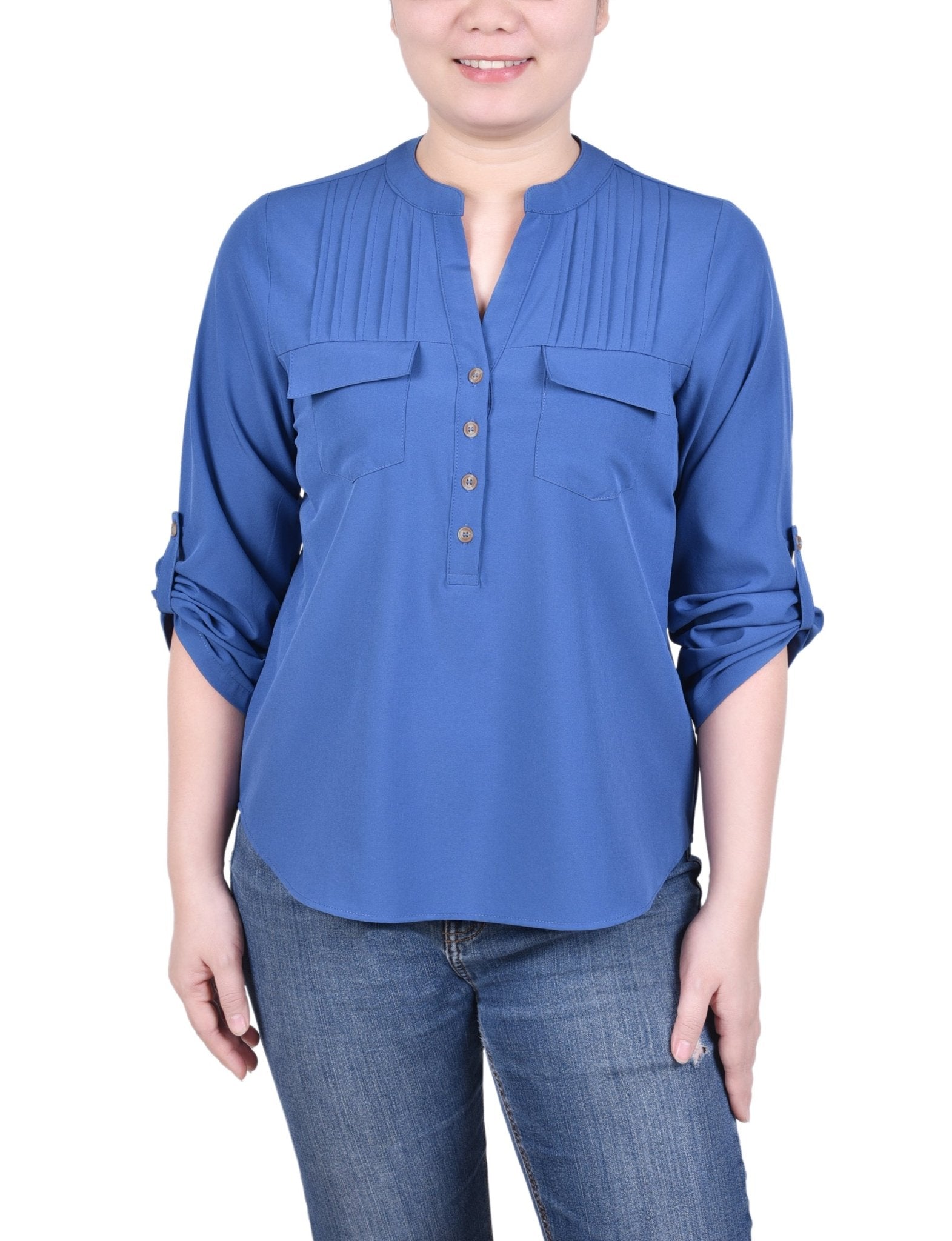 Long Tab-Sleeve Blouse With Pockets - Petite - DressbarnShirts & Blouses