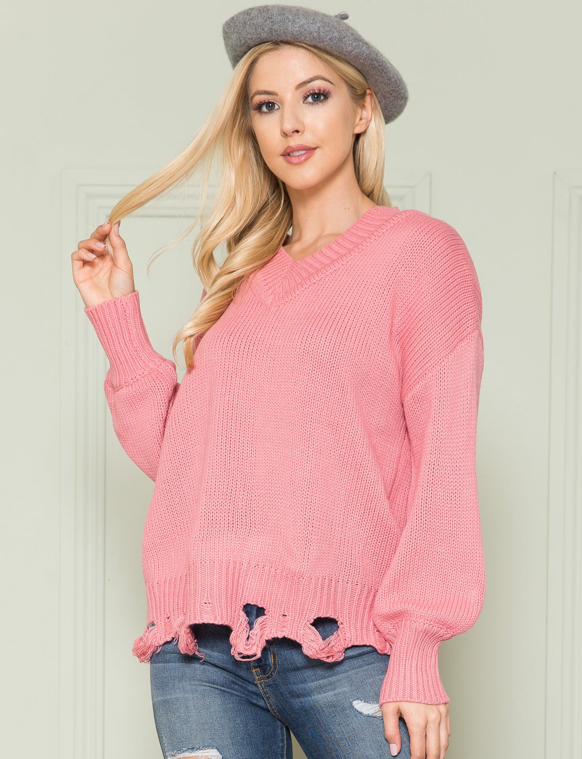 Loose Knit Distressed Hem Sweater - DressbarnSweatshirts & Hoodies