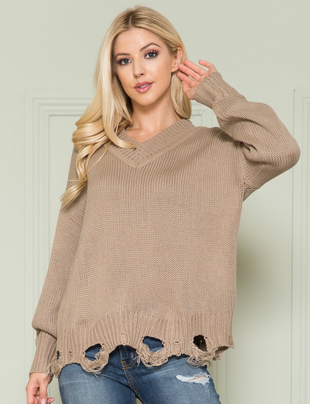 Loose Knit Distressed Hem Sweater - DressbarnSweatshirts & Hoodies