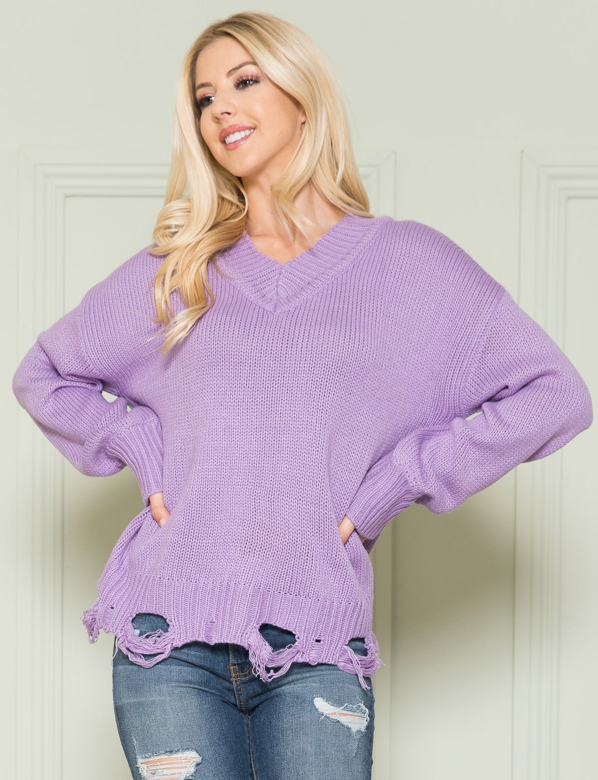 Loose Knit Distressed Hem Sweater - DressbarnSweatshirts & Hoodies