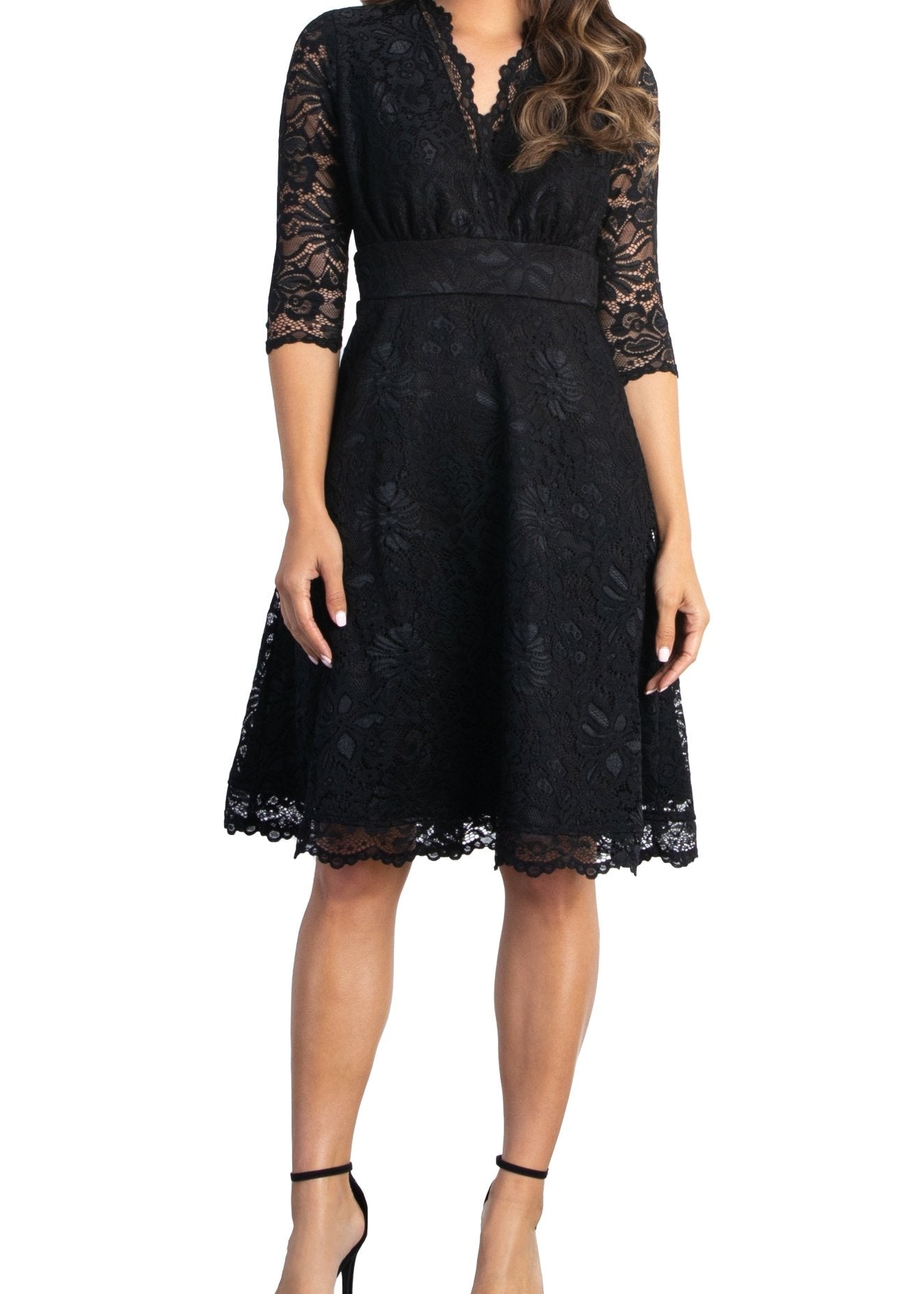 Kiyonna Women's Mademoiselle Lace Cocktail Dress with Sleeves - Onyx Kiyonna Women's Mademoiselle Lace Cocktail Dress with Sleeves - Onyx