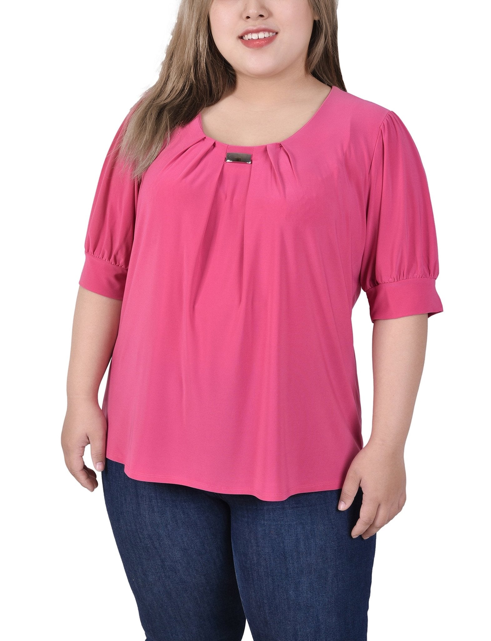 Magenta Short Sleeve Balloon Sleeve Top With Hardware - Plus - DressbarnBlouses