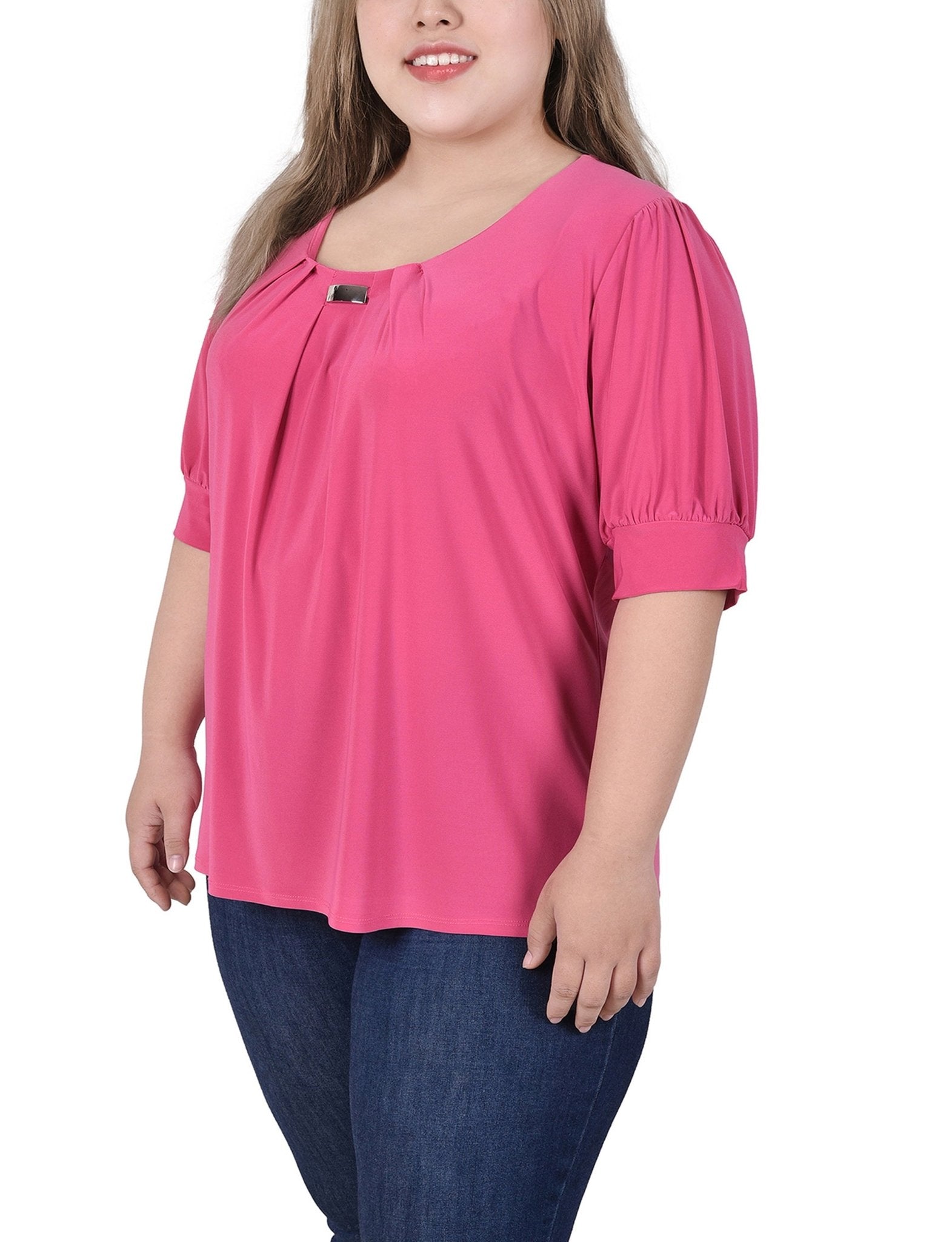 Magenta Short Sleeve Balloon Sleeve Top With Hardware - Plus - DressbarnBlouses