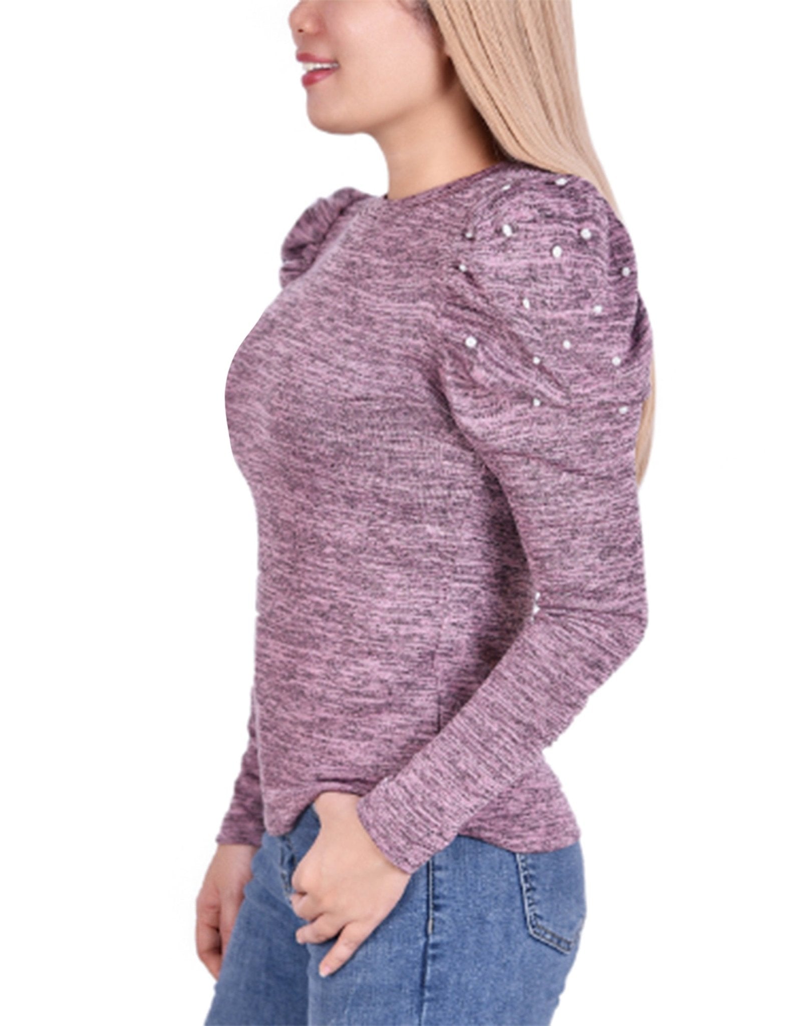 Mauve Puff Sleeve Top With Pearl Details - Petite - DressbarnBlouses