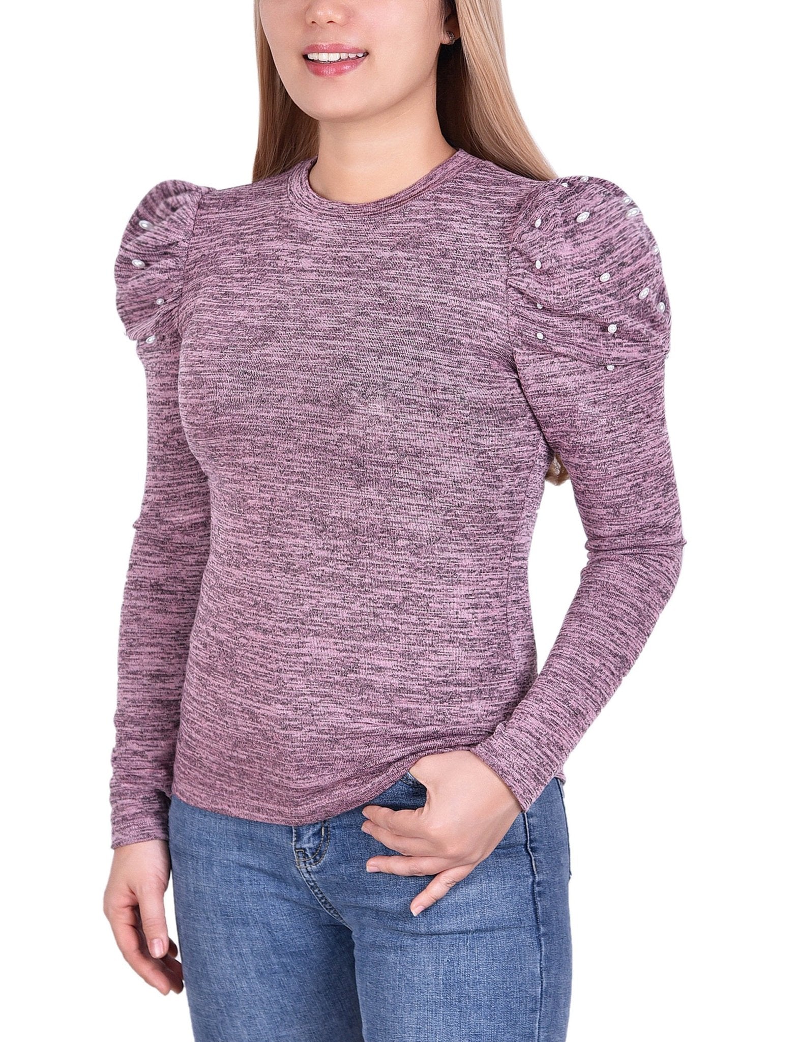 Mauve Puff Sleeve Top With Pearl Details - Petite - DressbarnBlouses